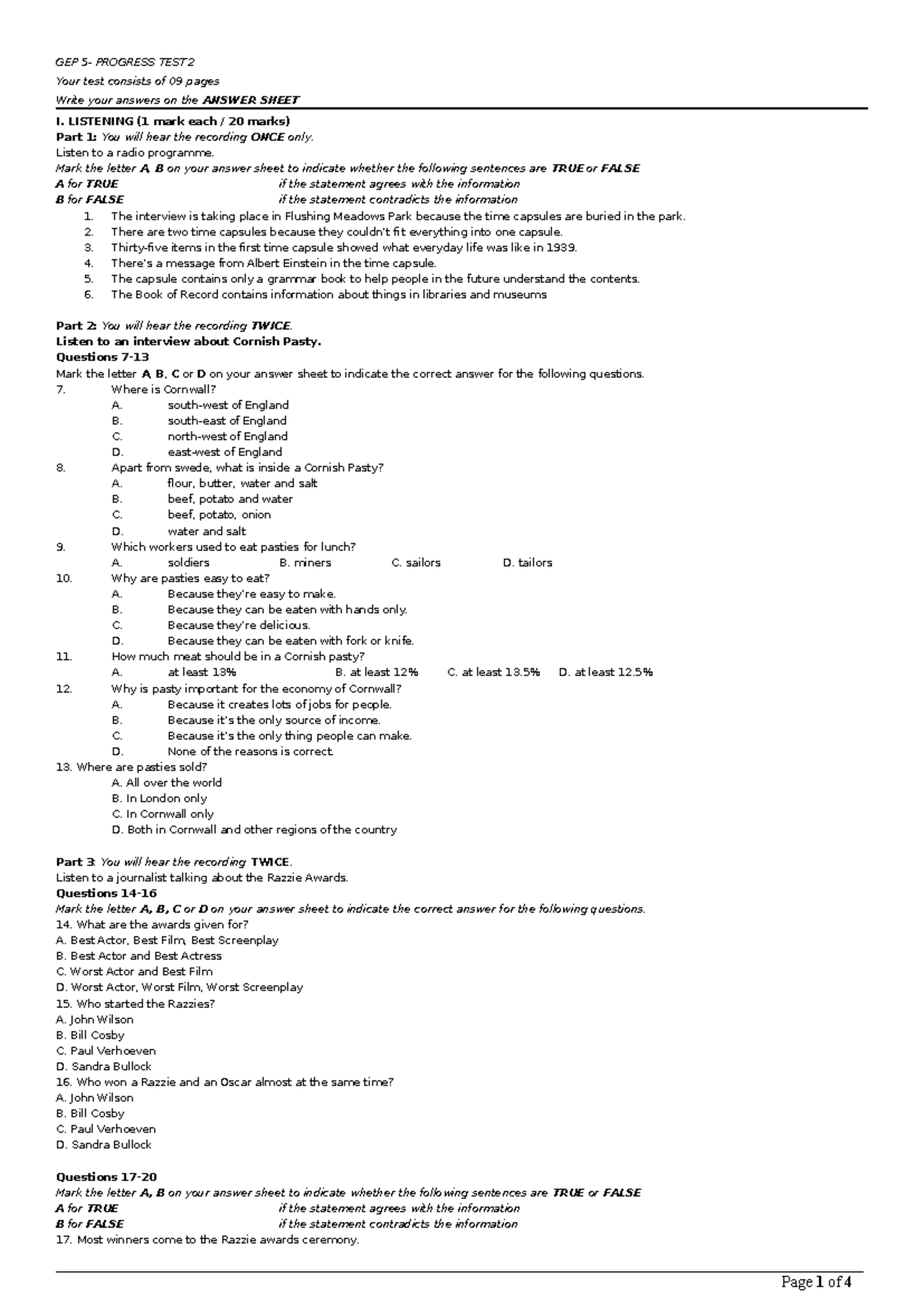 GEP 5 - Progress TEST 2 - Listening, Vocabulary, Grammar, Reading - Studocu
