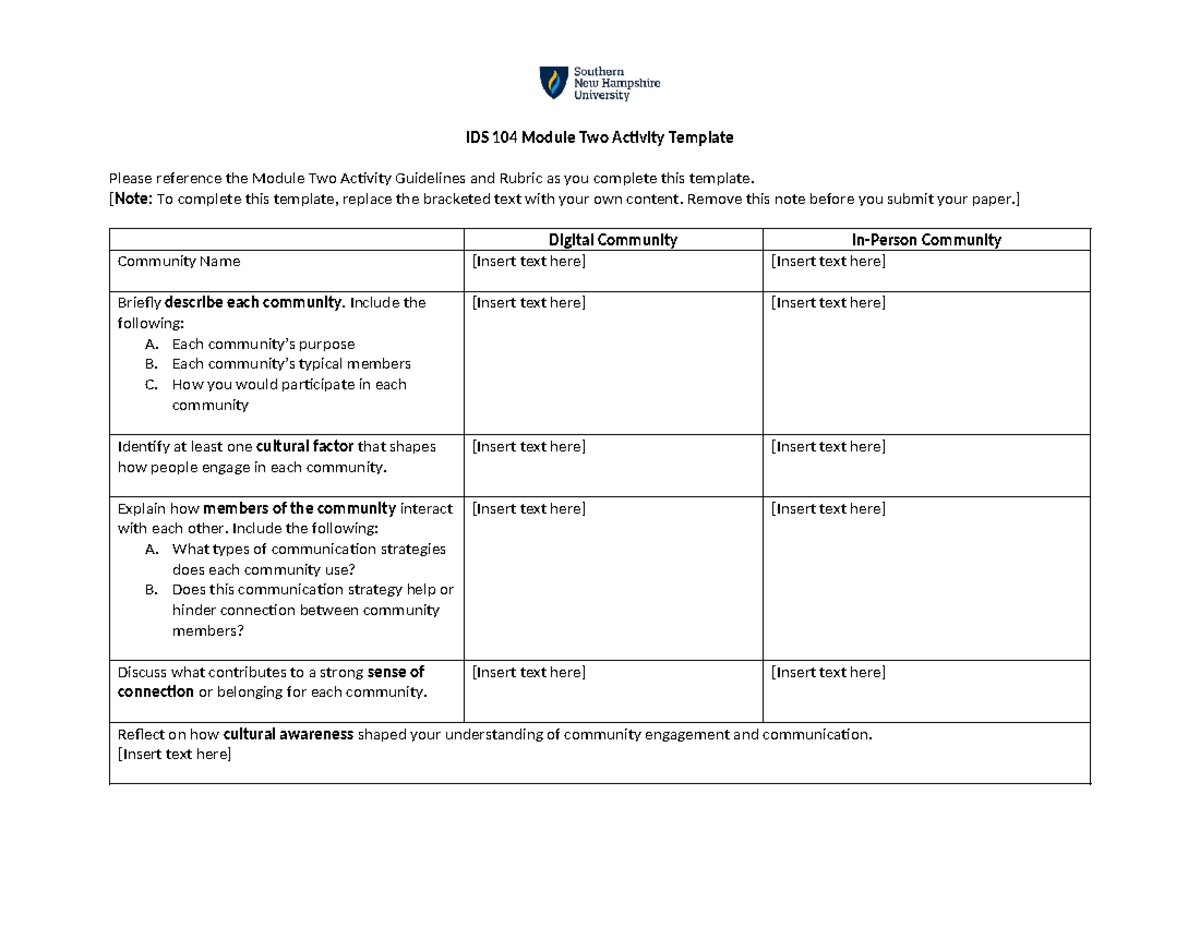 IDS 104 Module Two Community Engagement Activity Template - Studocu