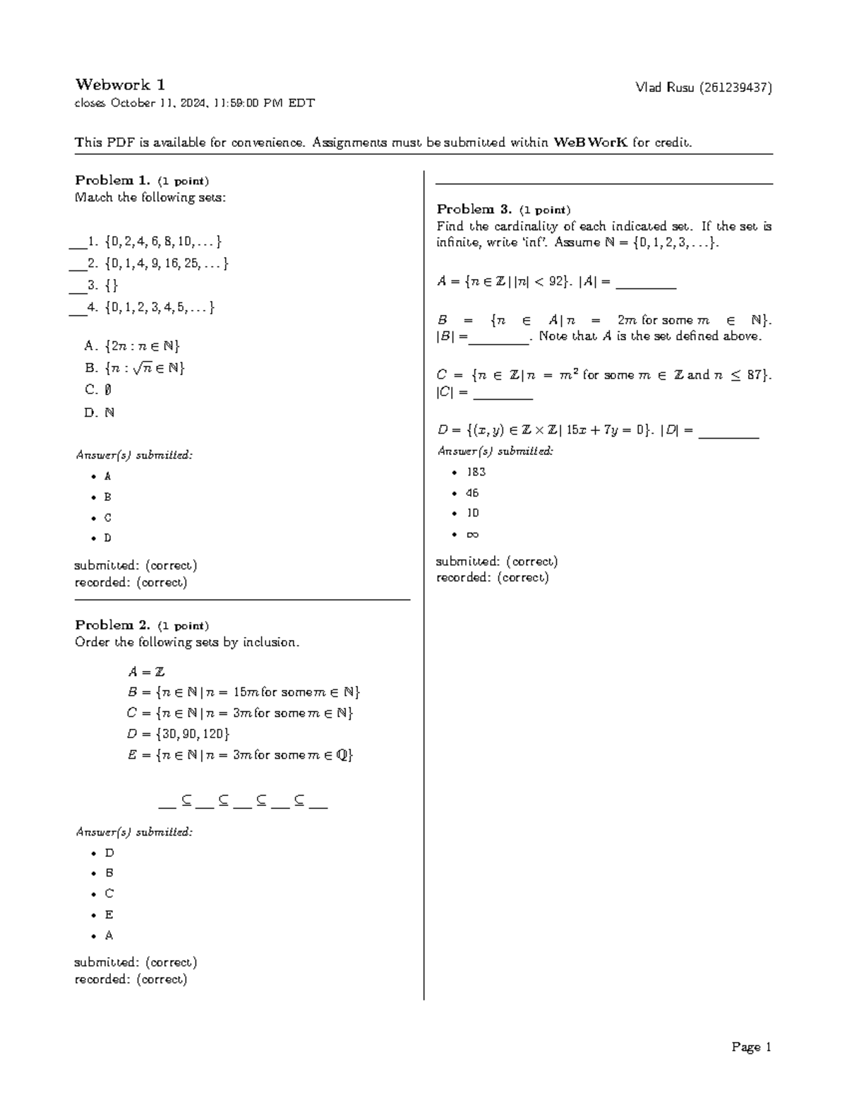 Math 101: WeBWorK 1 Assignment Solutions and Submitted Answers ...