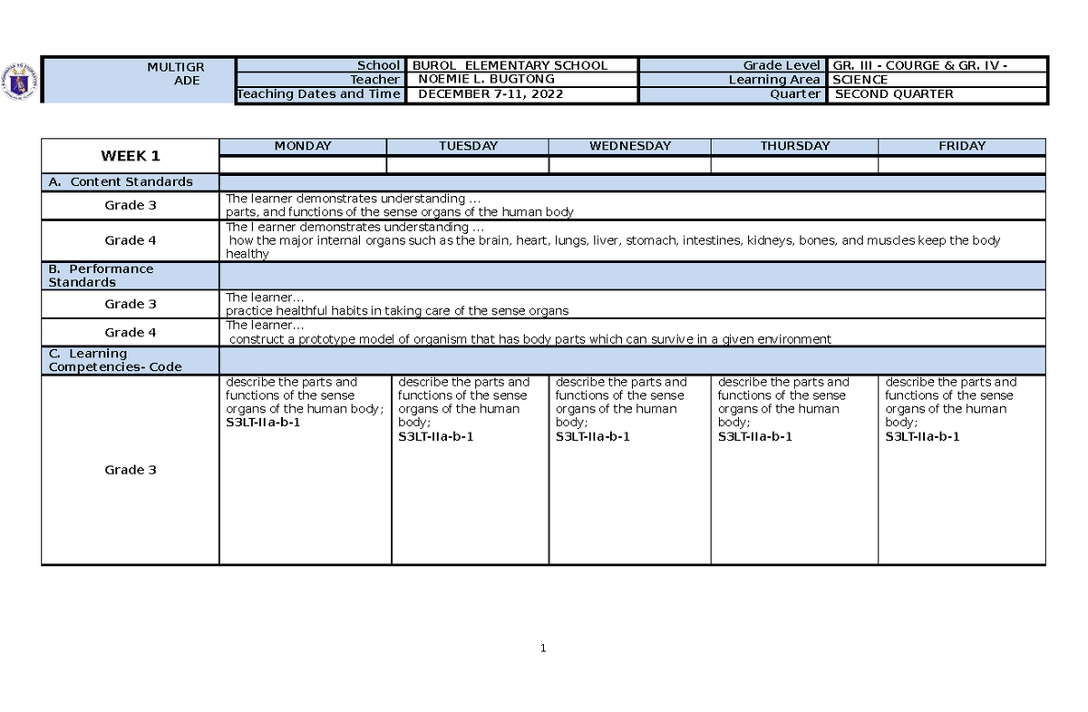 Daily Lesson Log - Science Q2 Week 1 (Grades 3 & 4) - Studocu