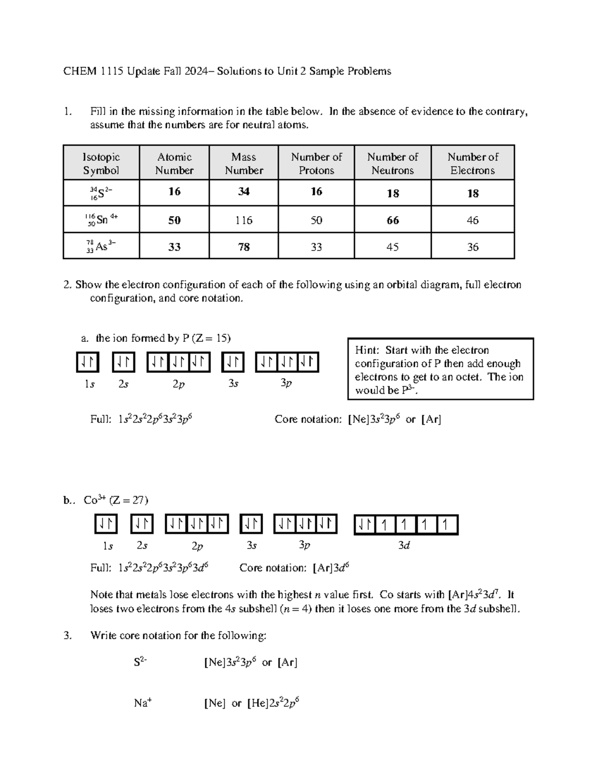 CHEM 1115 Fall 2024 - Solutions for Unit 2 Sample Problems - Studocu