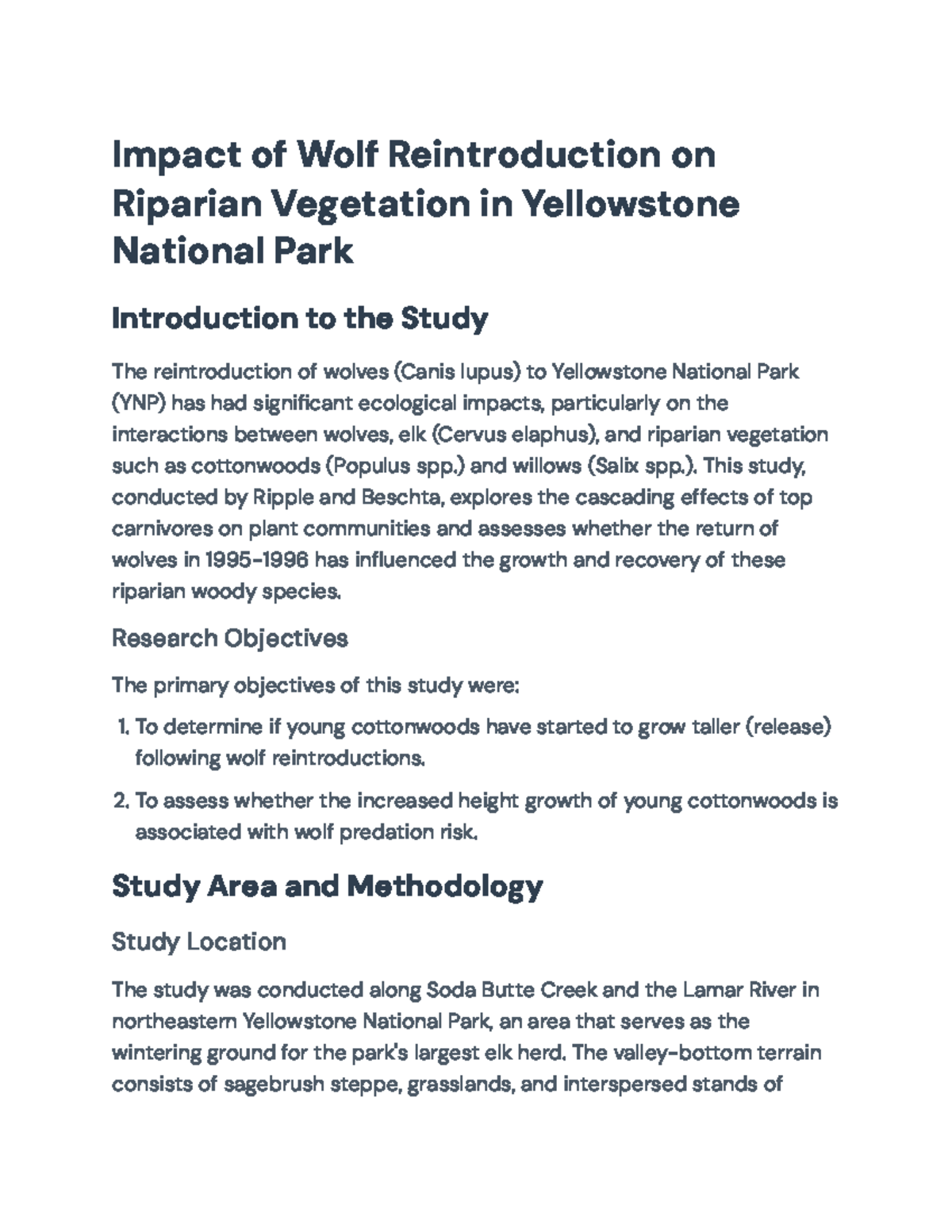 Impact of Wolf Reintroduction on Riparian Vegetation in Yellowstone NP ...