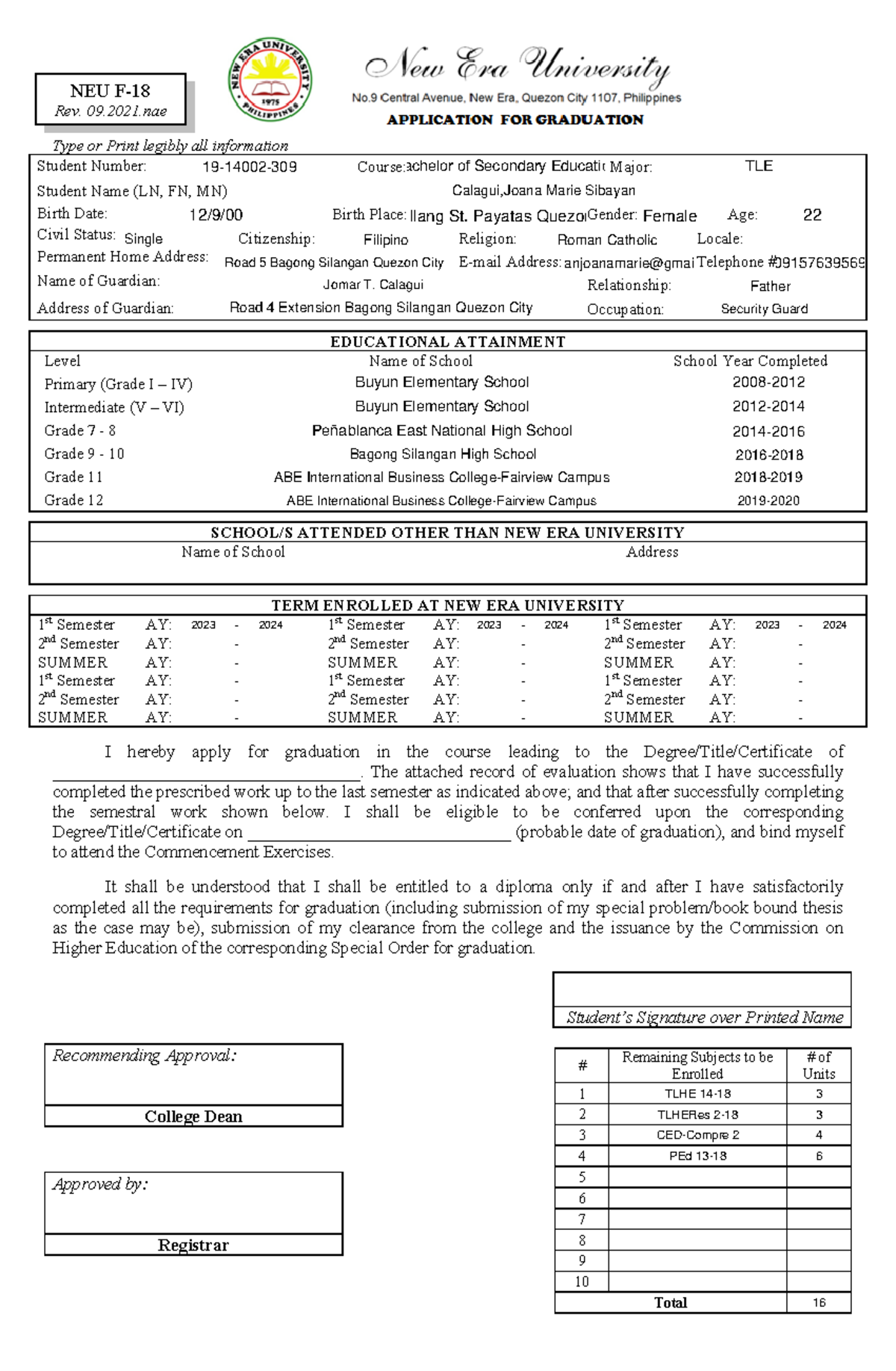 Graduation Application Form NEU F-09-21: Fillable Template - Studocu