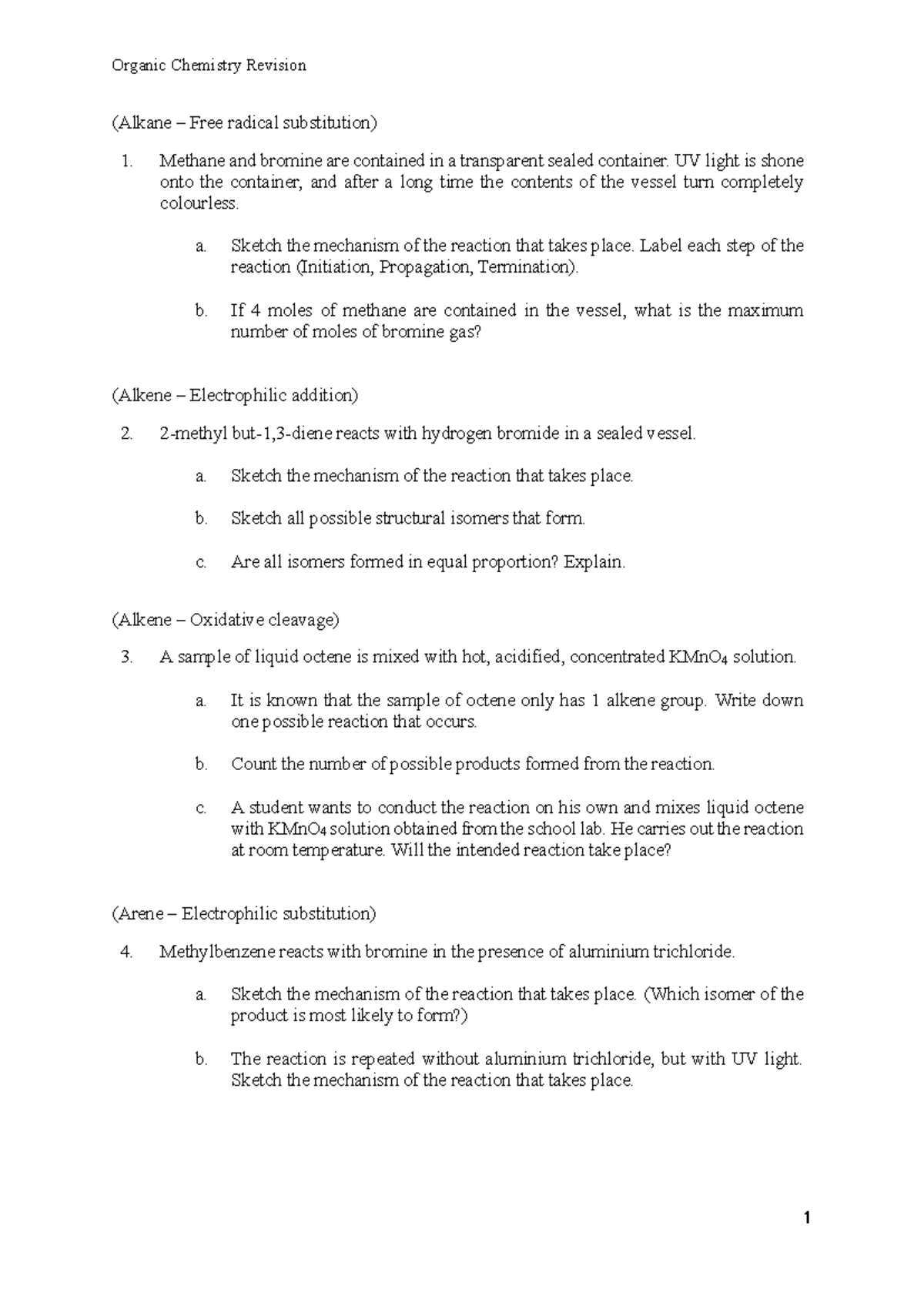 Organic Chemistry Revision: Hydrocarbons to Halogenoalkanes Questions ...