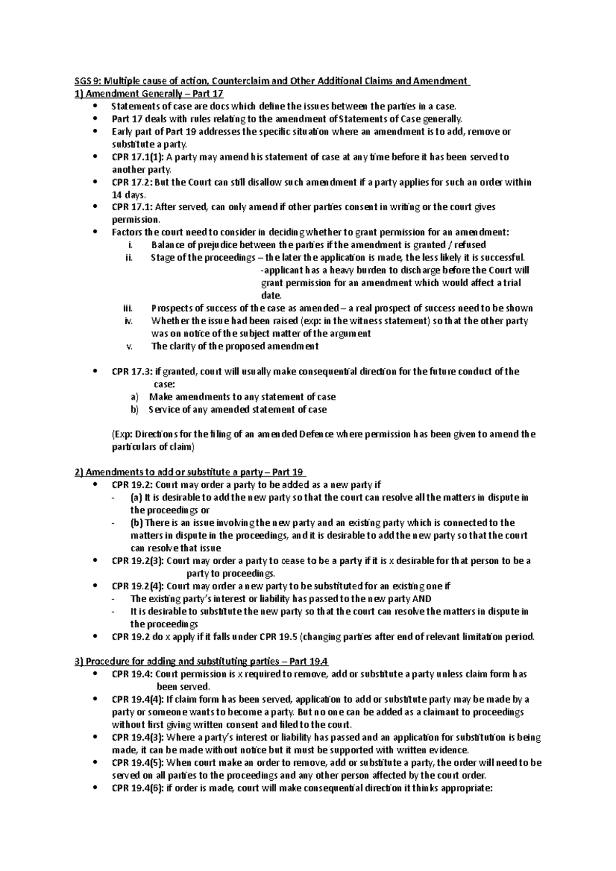SGS 9: Notes on Multiple Causes of Action, Counterclaims & Amendments ...