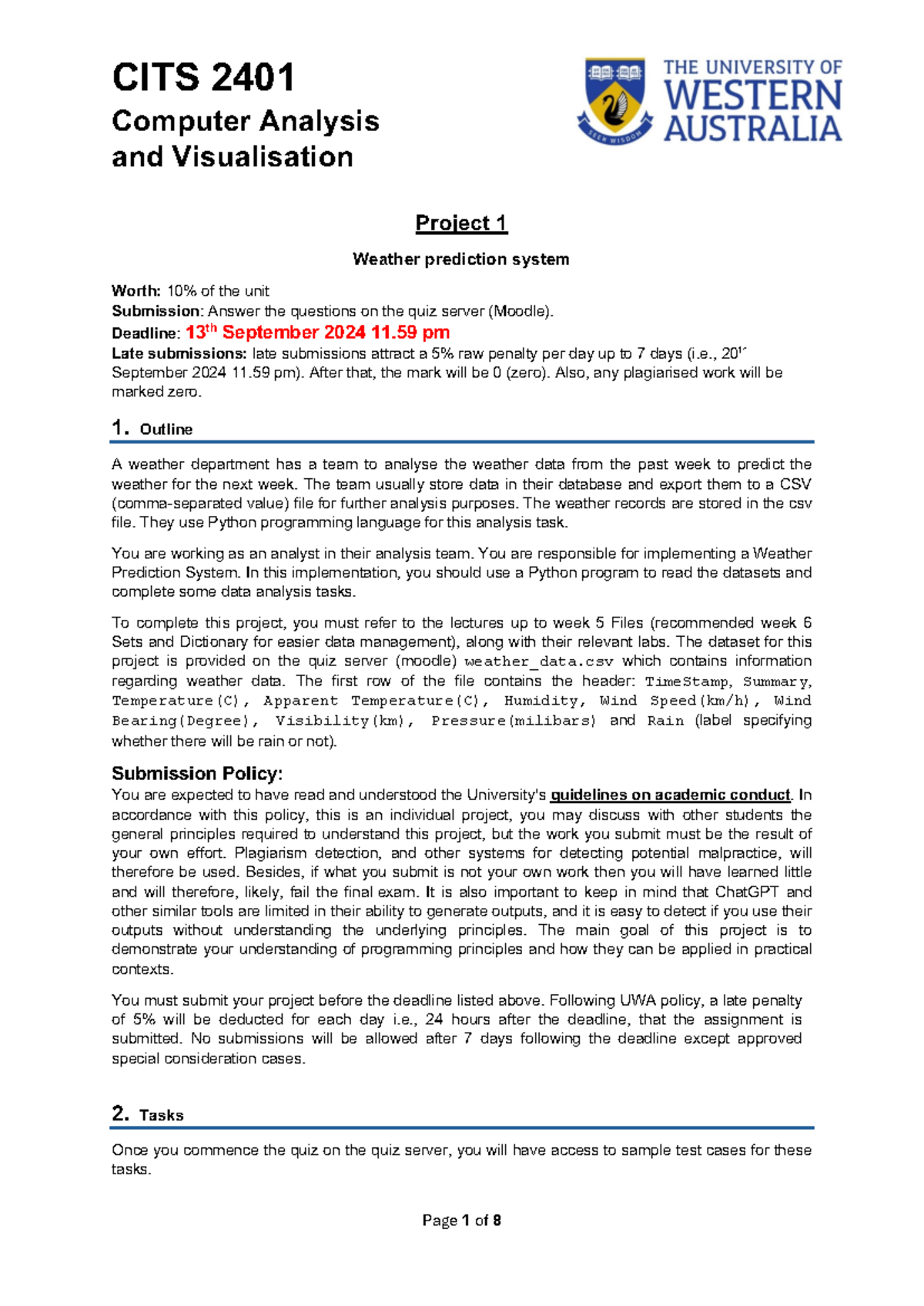 CITS2401 Final Project 1: Weather Prediction System Analysis - Studocu
