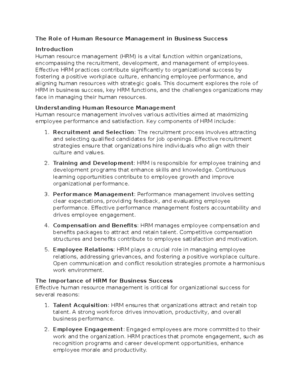 The Role of Human Resource Management in Business Success - The Role of ...