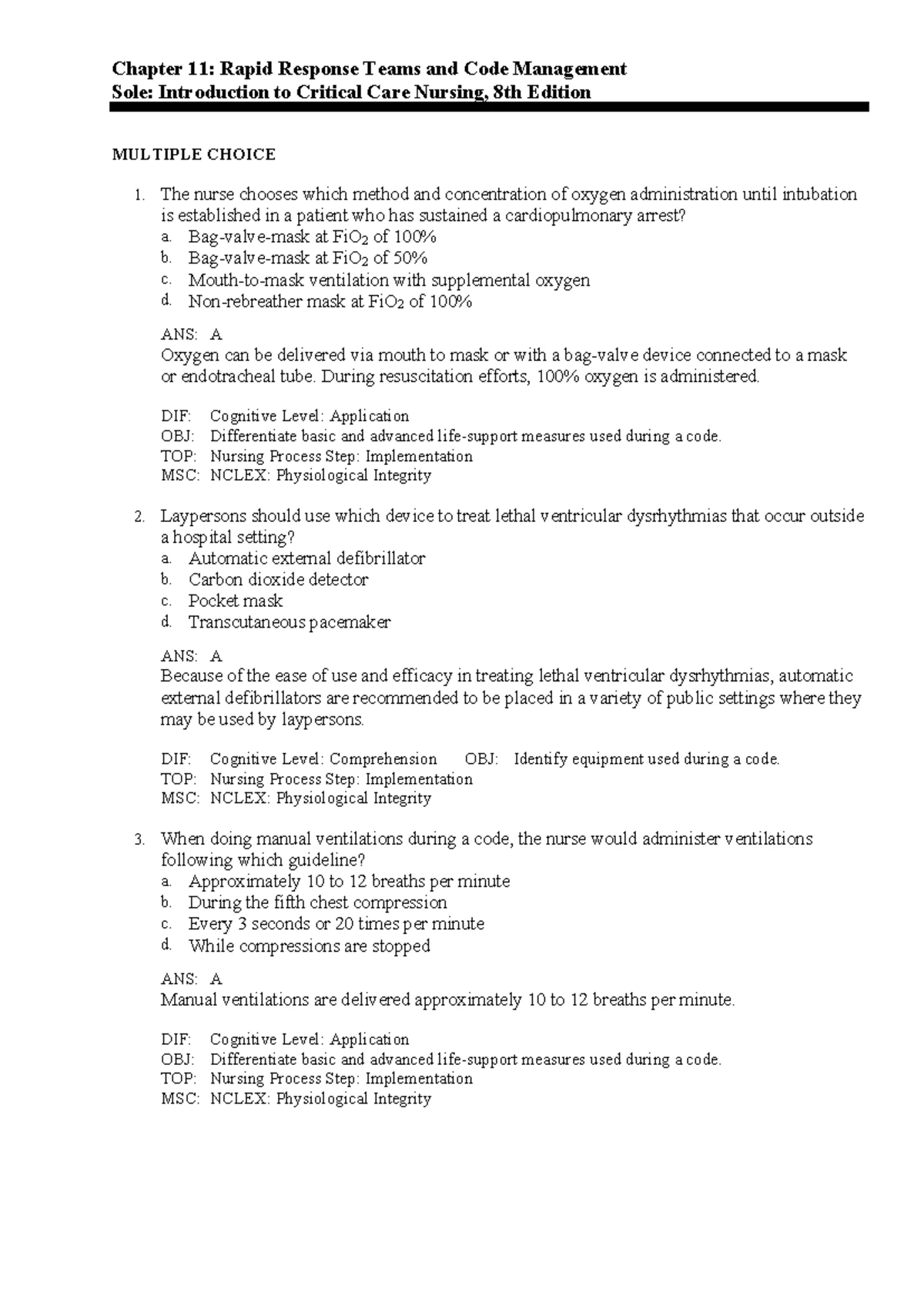 Chapter 7 - Test Bank Questions for fundamentals of nursing - Chapter ...