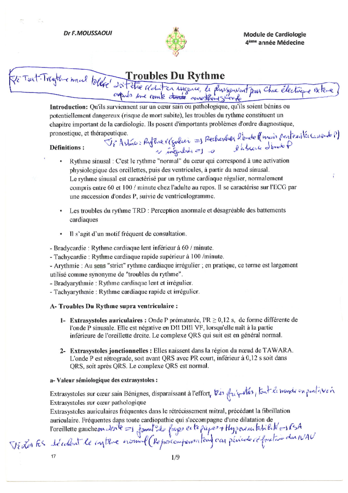 Troubles du Rythme Cardiaque - Résumé de Cardiologie 4ᵉ année - Studocu