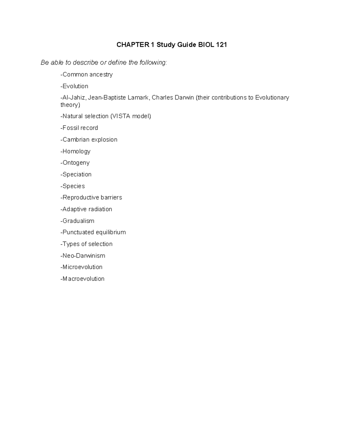 Chapter 1 Study Guide - Evolution - BIOL121 - CHAPTER 1 Study Guide ...