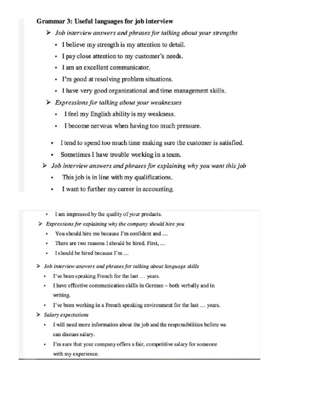Grammar 3: Job Interview Phrases and Strengths (TATMCB) - Studocu