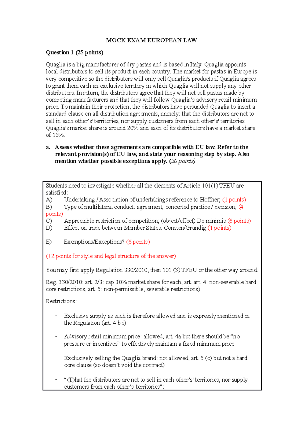 EU Law Mock Exam Questions & Answers - Prof. 101 TFEU - Studeersnel