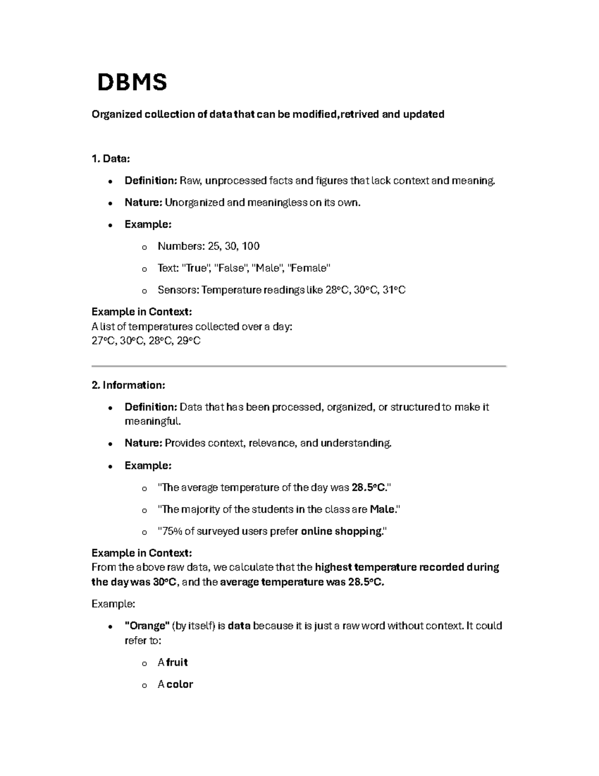 DBMS Notes: Understanding Data, Information, and Database Management ...