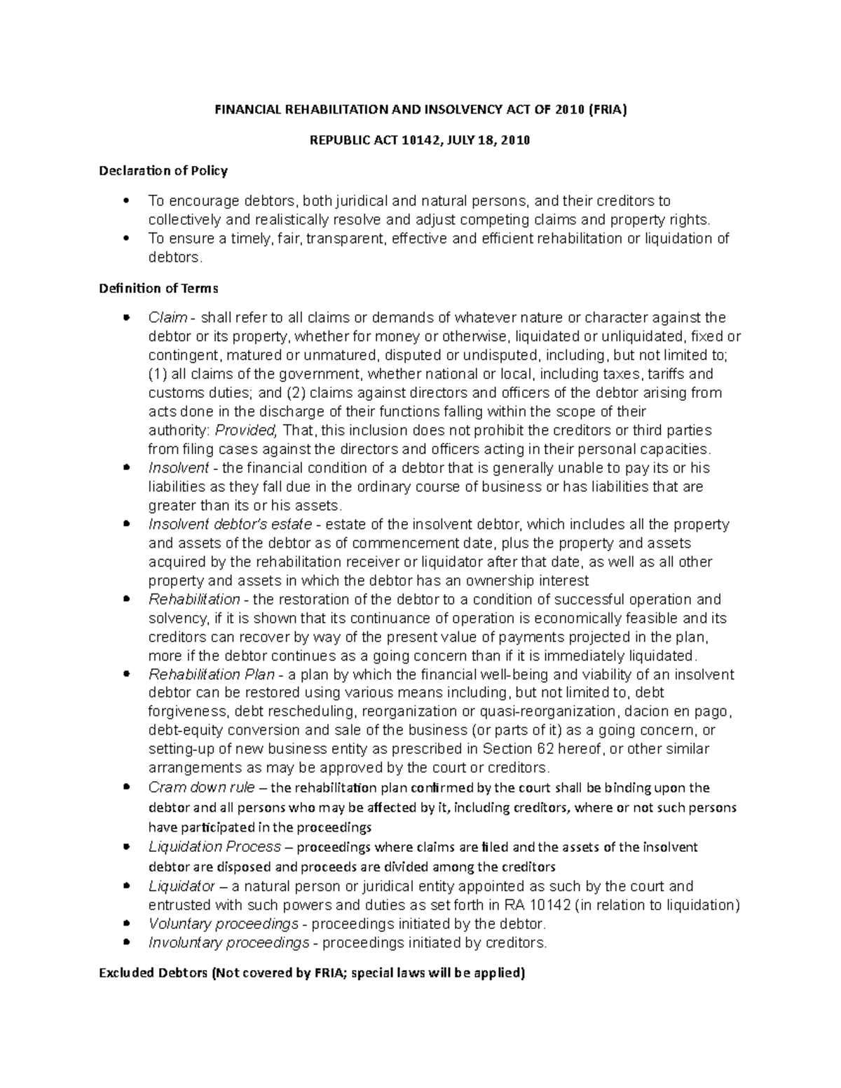 FRIA - Advanced Lecture Notes on Insolvency & Rehabilitation - Studocu