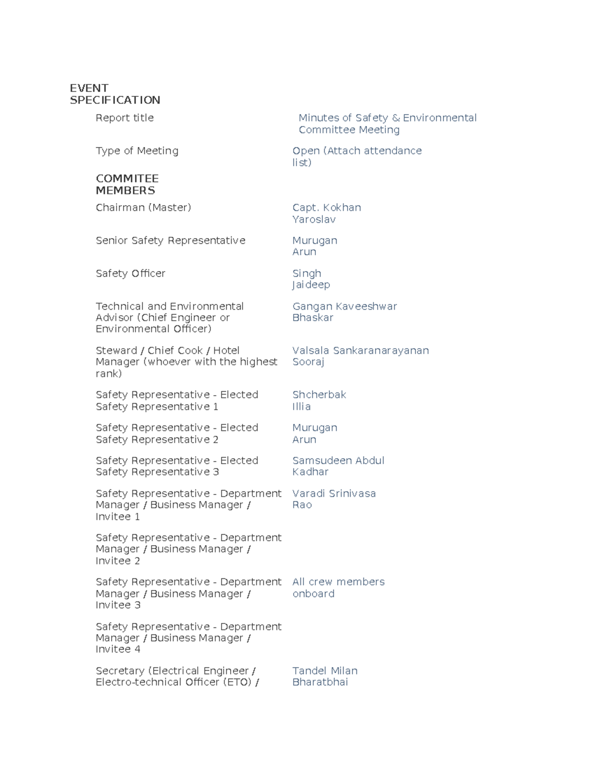 EVENT SPECIFICATION: Minutes of Safety Environmental Committee Meeting ...