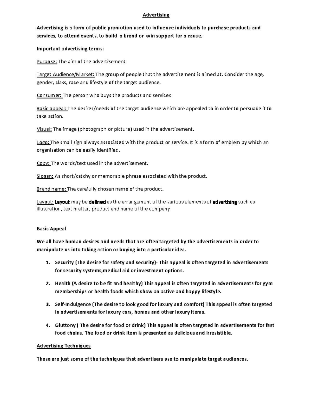 Advertising Notes for Grade 7: Key Terms & Techniques - Studocu