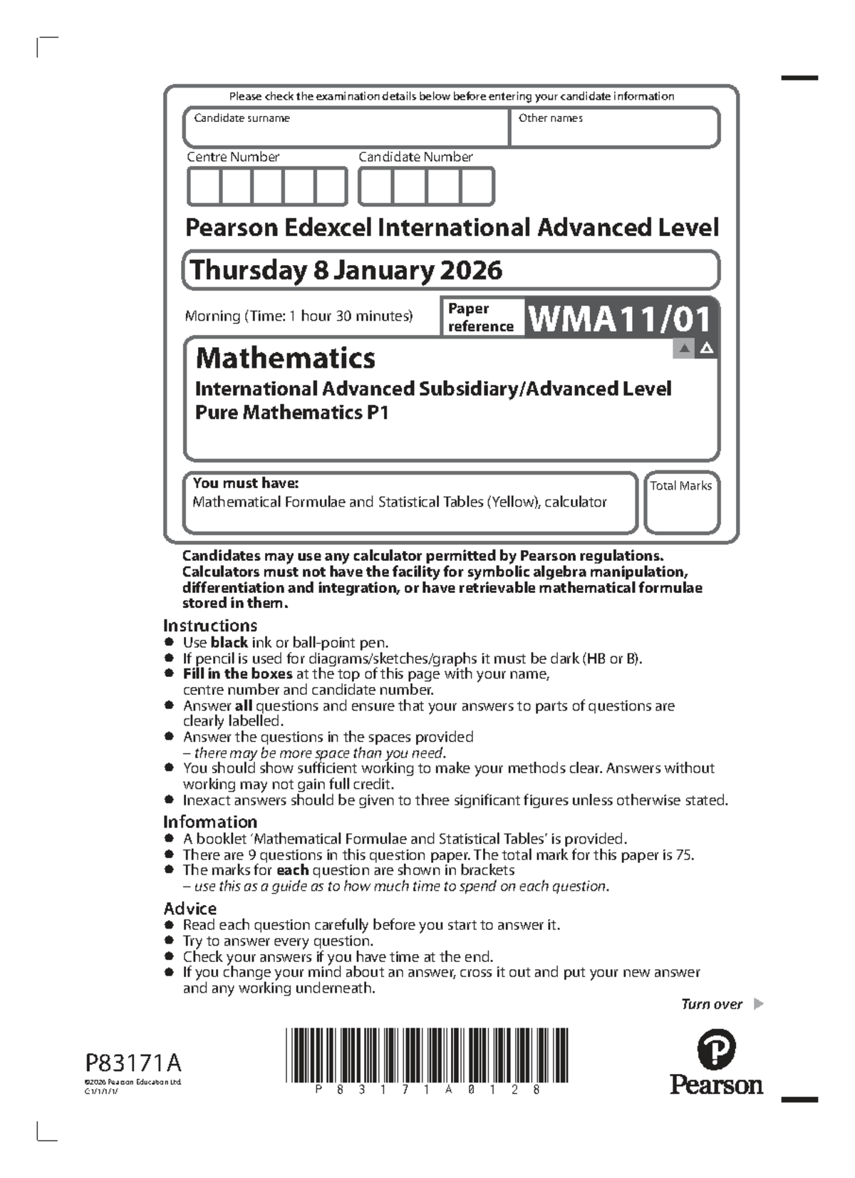 JAN 2026 A Level Pure Mathematics P1 Exam Paper Details - Studocu