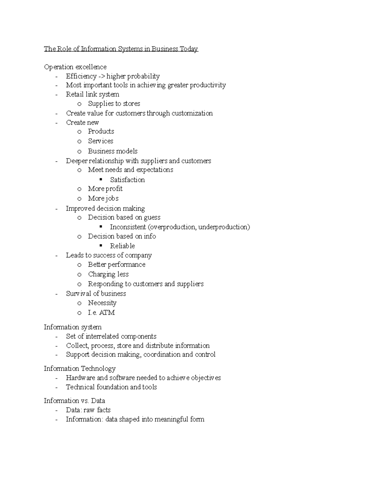 ITM100 Class 1 - Lecture notes 1 - The Role of Information Systems in ...