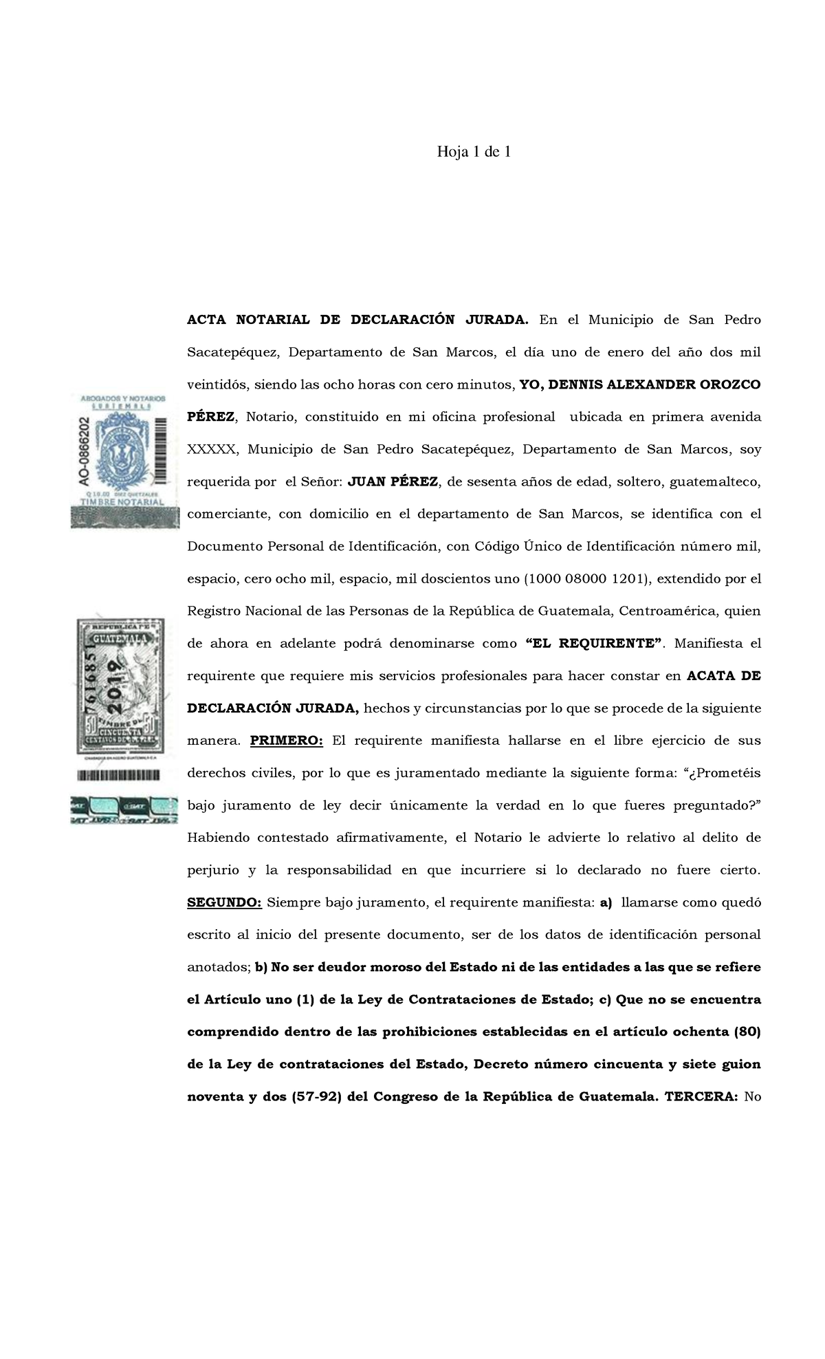 Acta Notarial de Declaración Jurada sobre No ser Deudor Moroso - Studocu