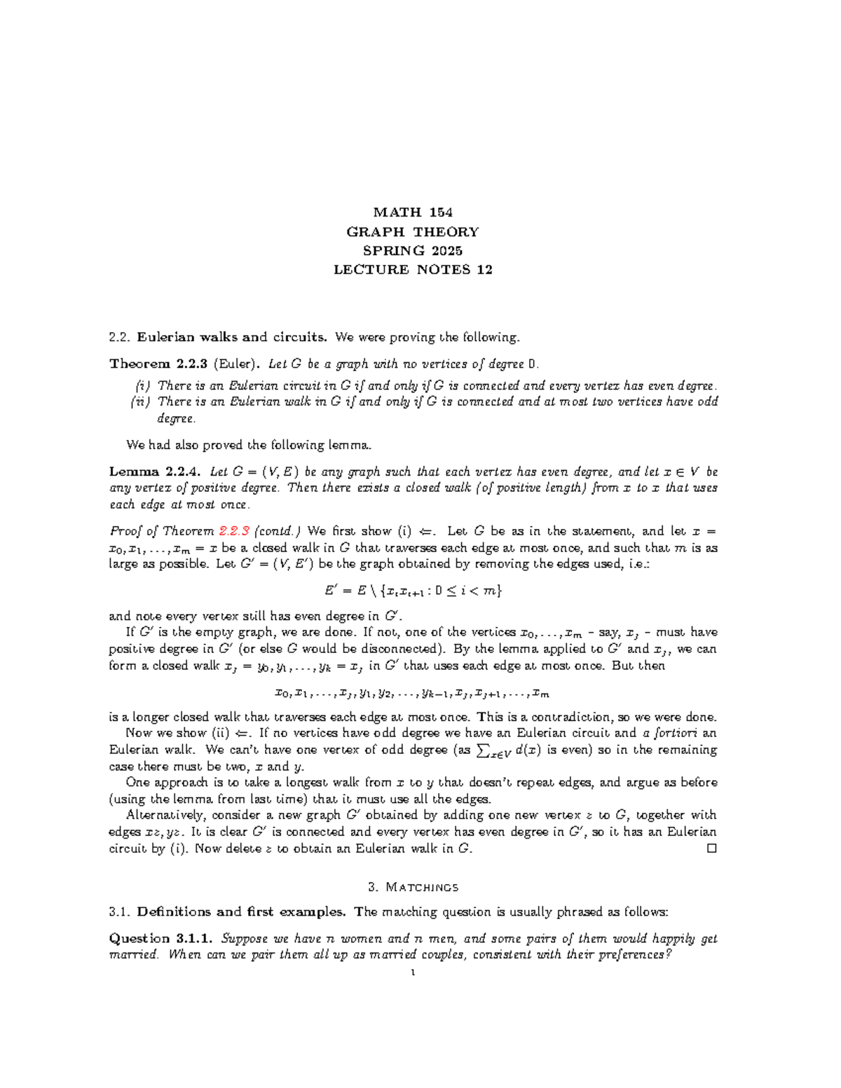 MATH 154 LECTURE NOTES: GRAPH THEORY & EULERIAN CIRCUITS (SPR 2025 ...