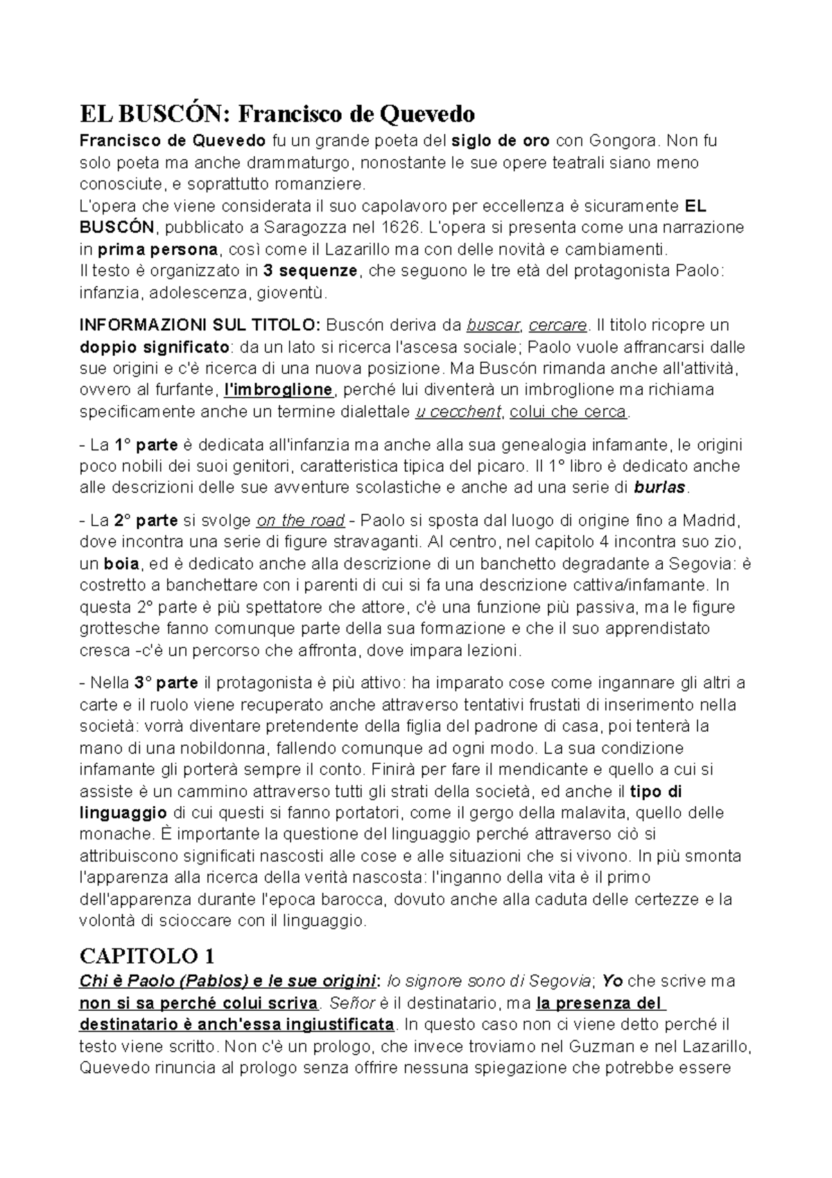 EL Buscón di Quevedo: Analisi dell'Opera e dei Personaggi - Studocu