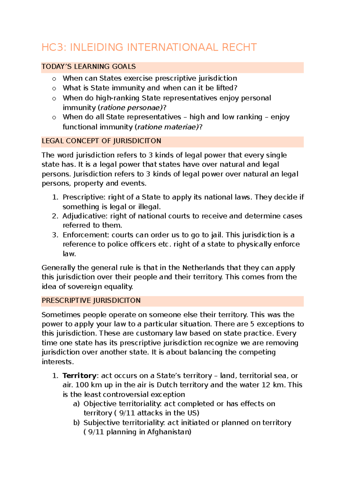 HC3: Inleiding Internationaal Recht - Jurisdictie en Immuniteit ...