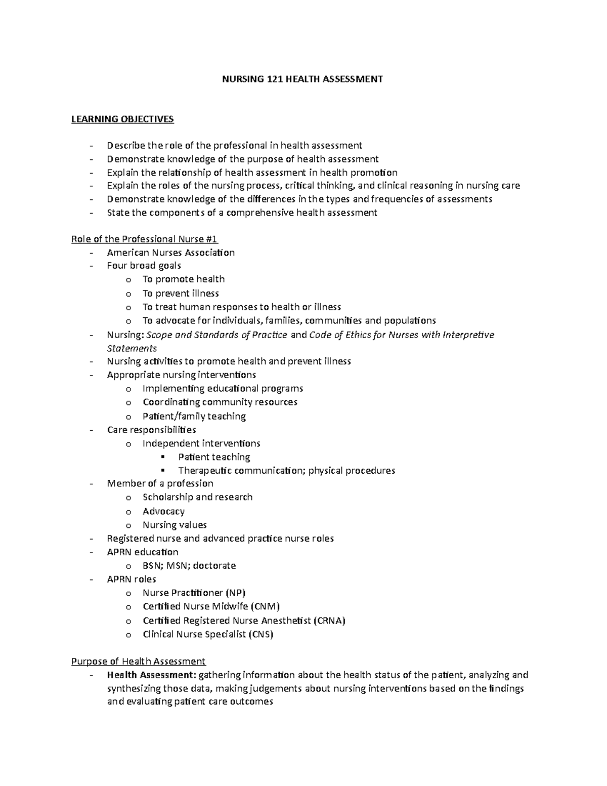 NURSING 121: Role of the Professional Nurse in Health Assessment - Studocu