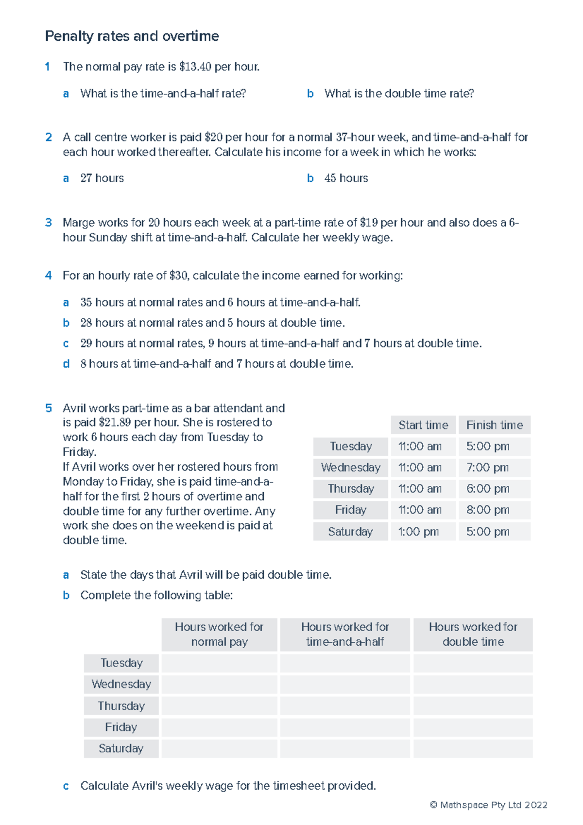 Mathspace 7.03 Overtime, Bonuses & Allowances - Worksheet - Studocu
