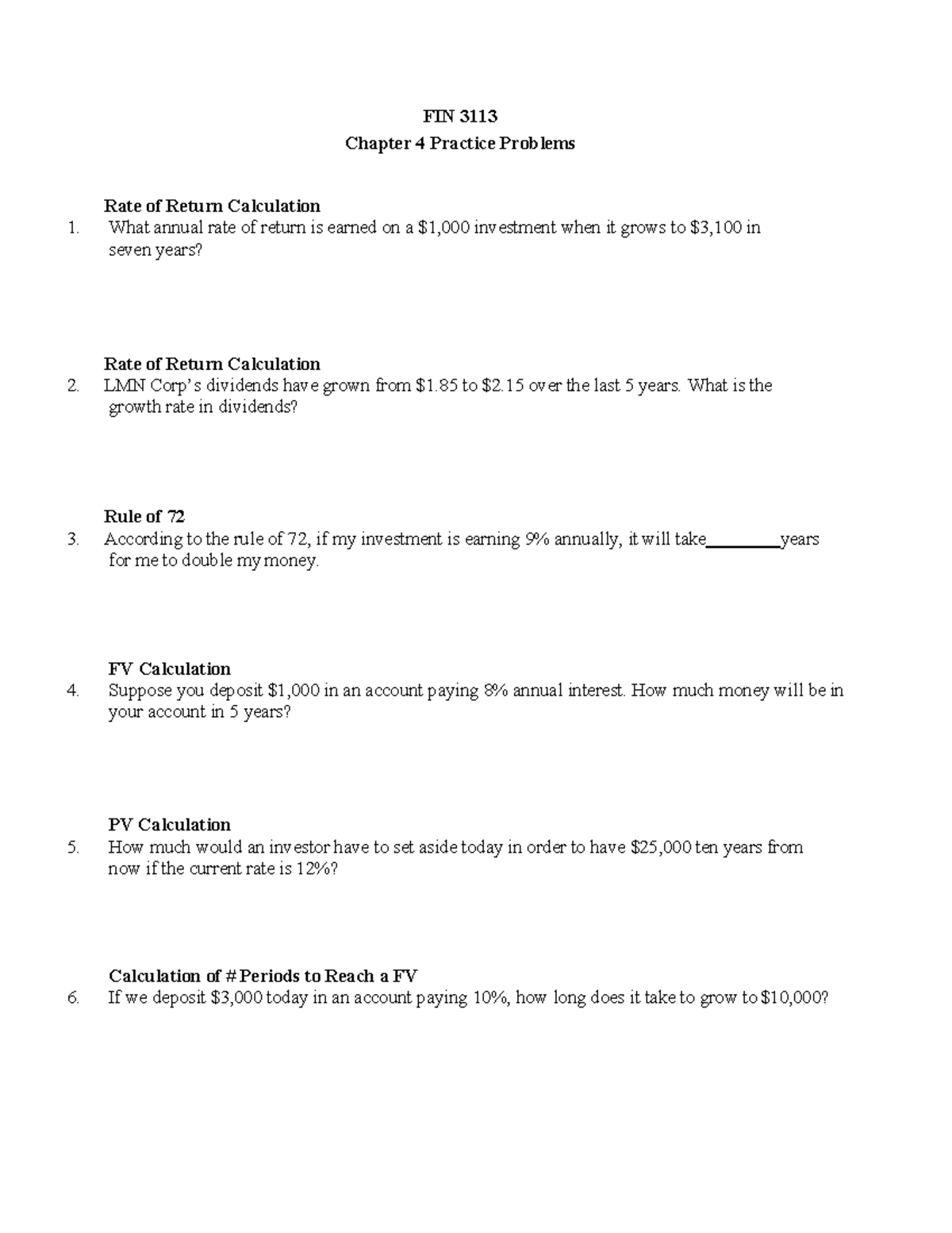 FIN 3113 Chapter 4 Solutions: Rate of Return & Future Value Problems ...
