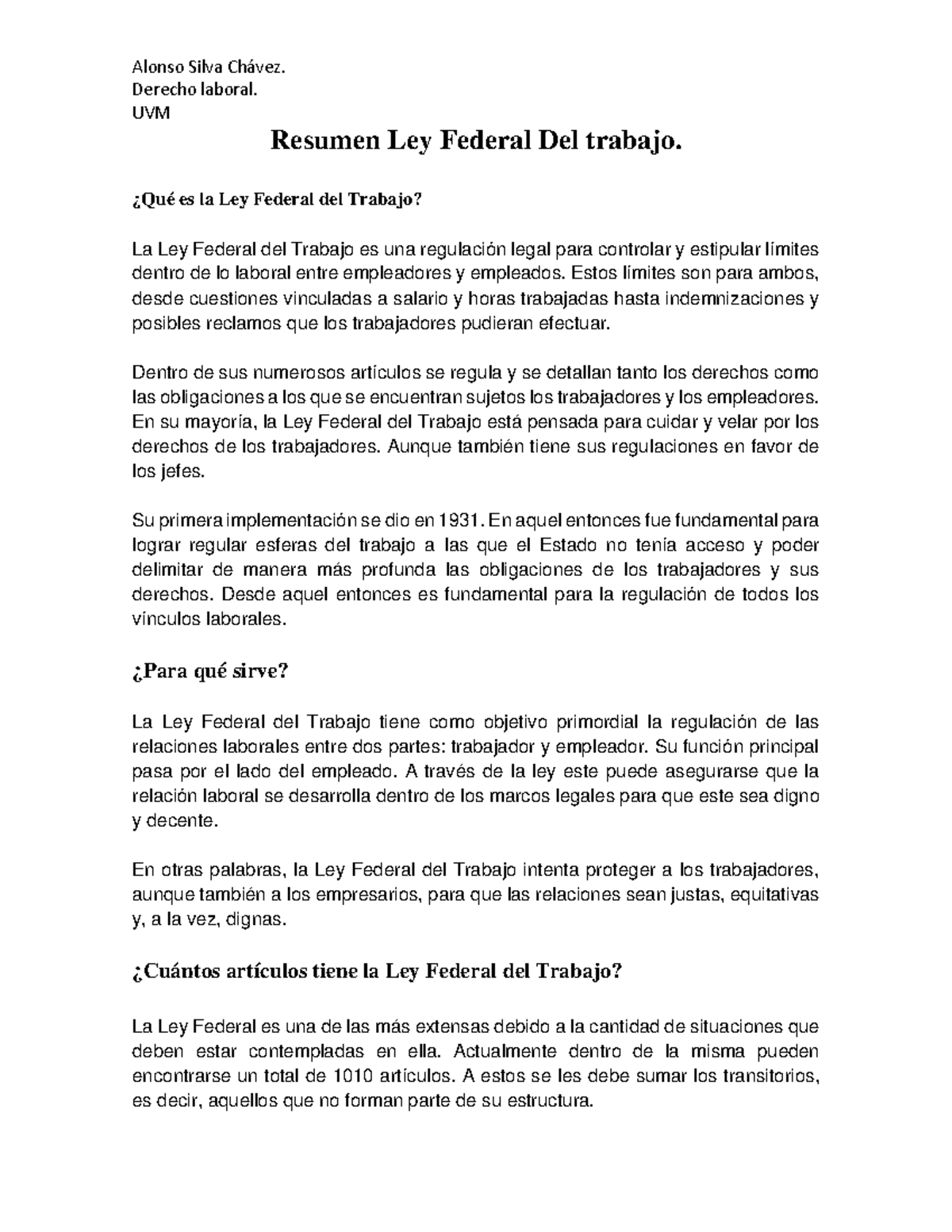 Resumen de la Ley Federal del Trabajo - Derecho Laboral UVM - Studocu