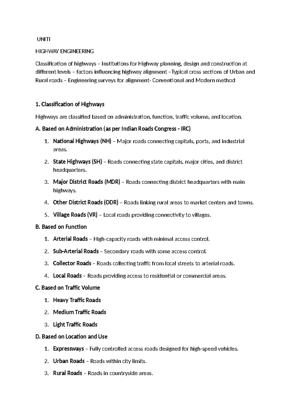 Highway Engineering Notes: Classification, Institutions & Surveys (HAR ...
