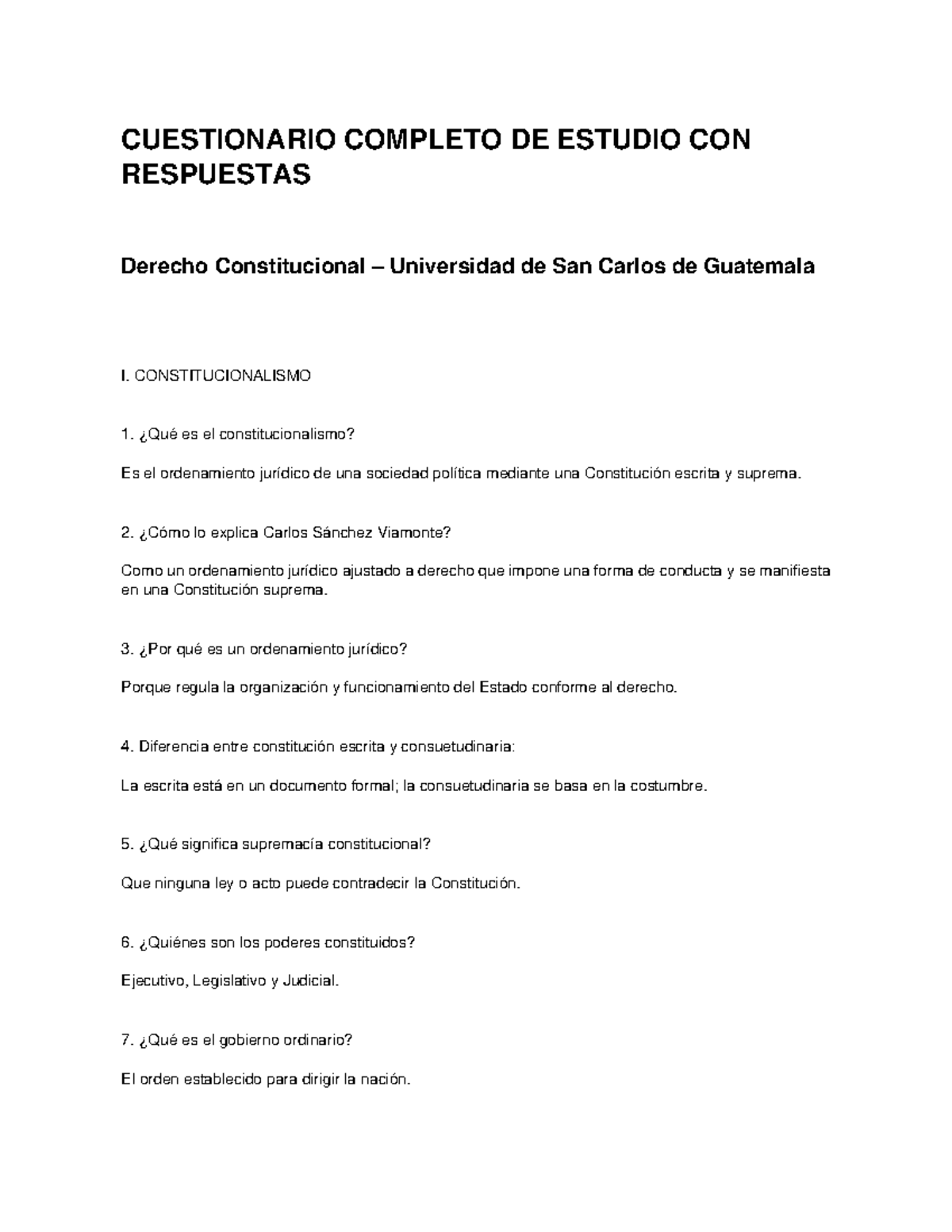 Cuestionario Completo de Estudio en Derecho Constitucional USAC - Studocu