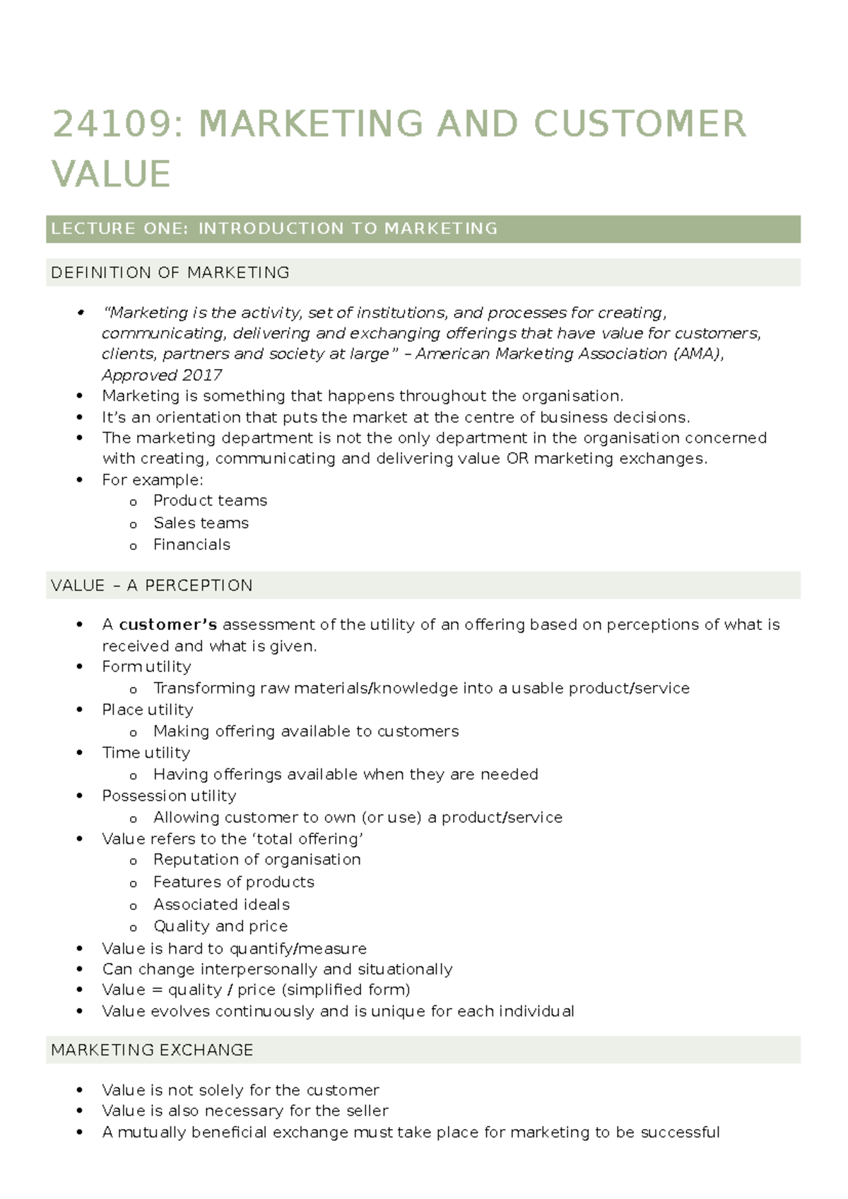 24109 Marketing & Customer Value Lecture Notes: Introduction & Key ...