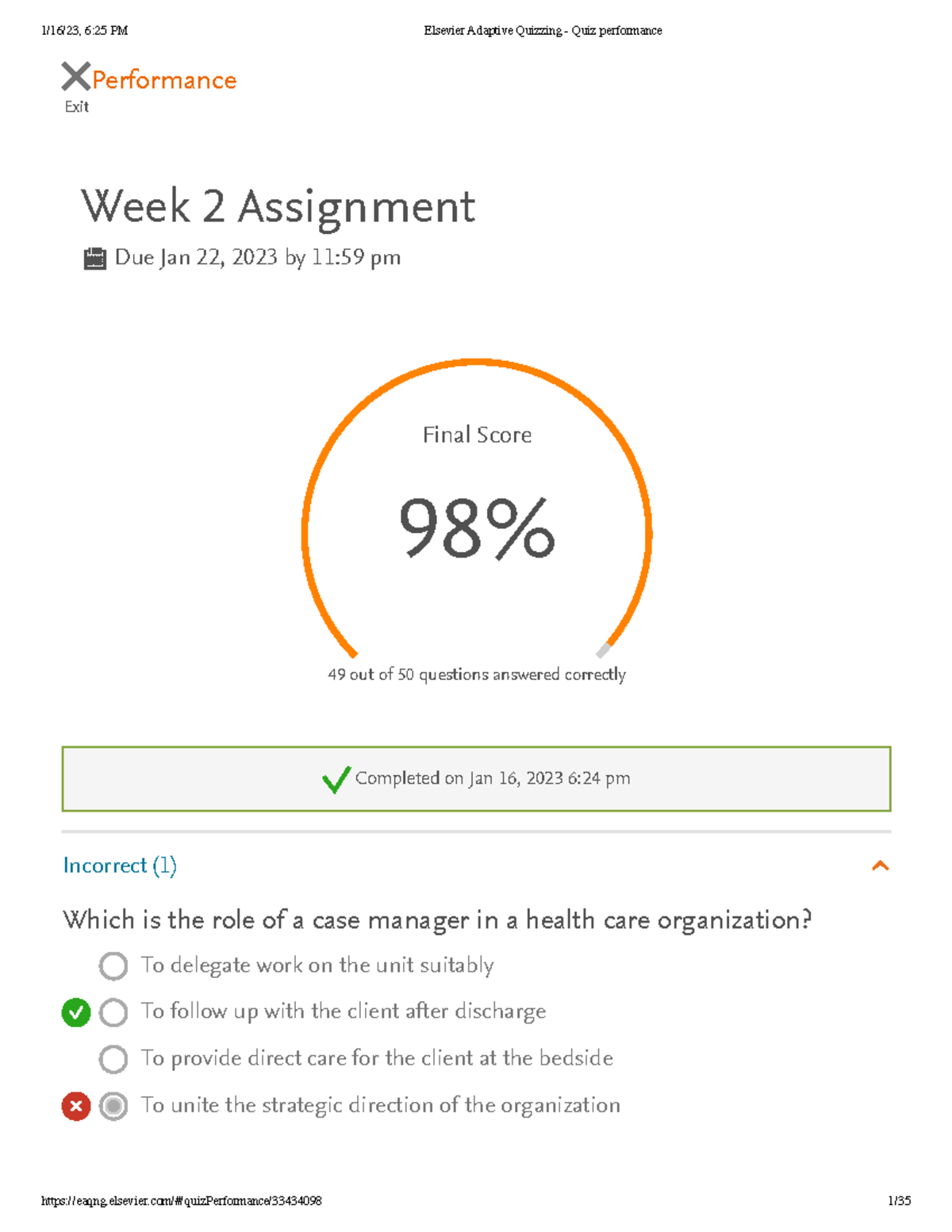 Elsevier Adaptive Quizzing - Week 2 Performance Analysis and Insights ...