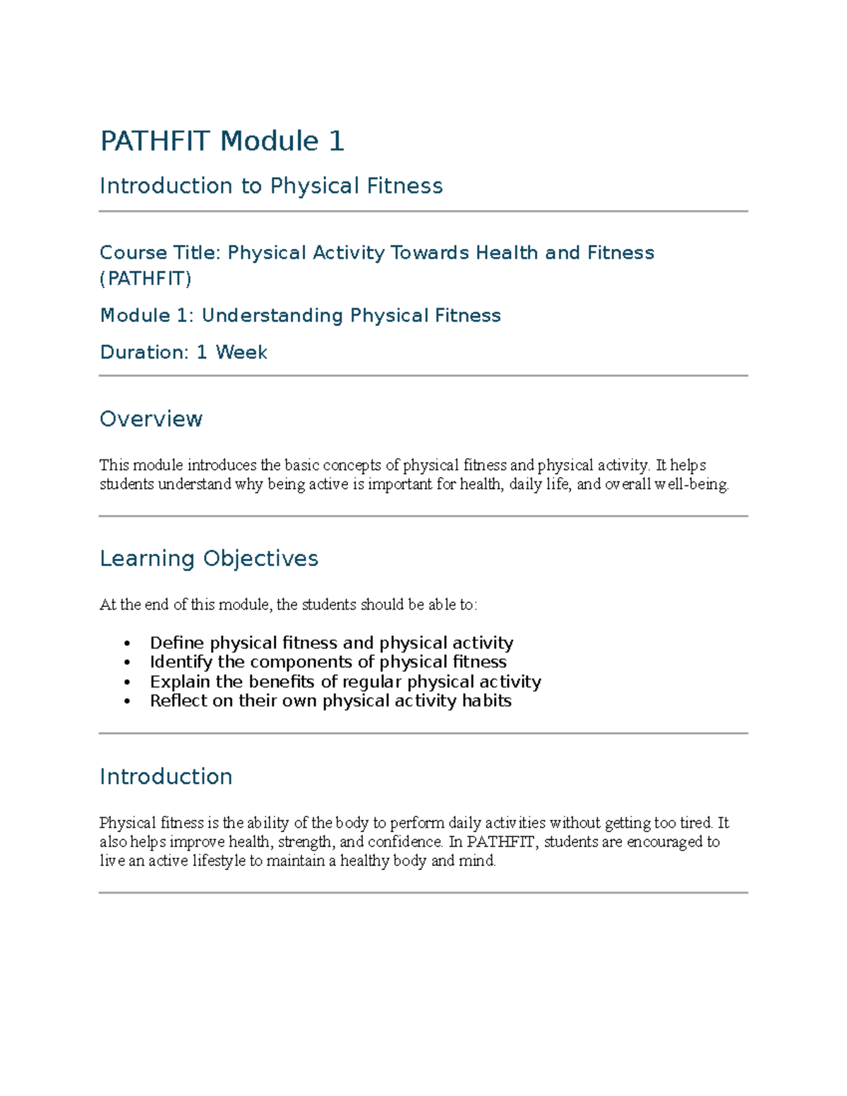 PATHFIT Module 1: Intro to Physical Fitness & Activity - Studocu