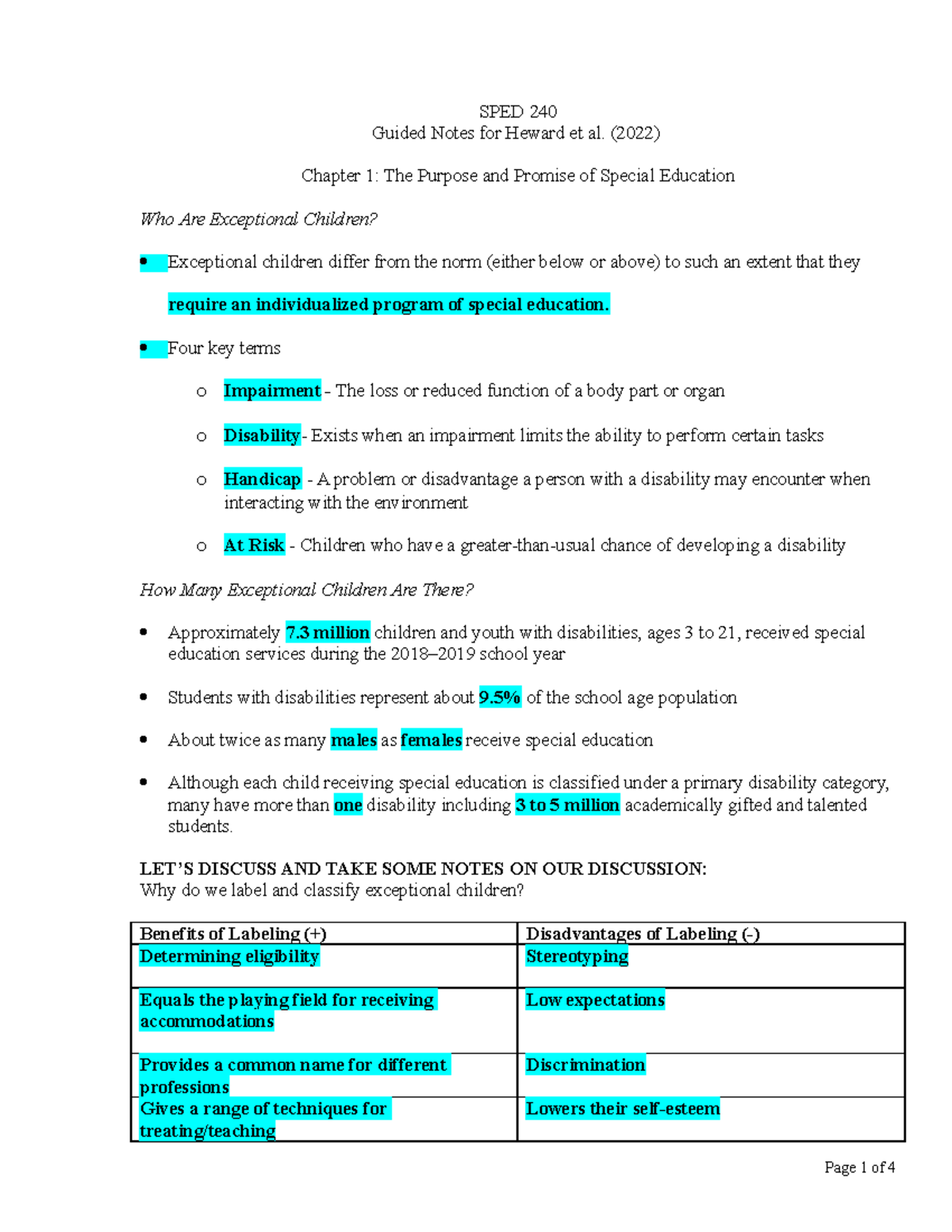 SPED 240 Chapter 1 Guided Notes: Purpose of Special Education - Studocu