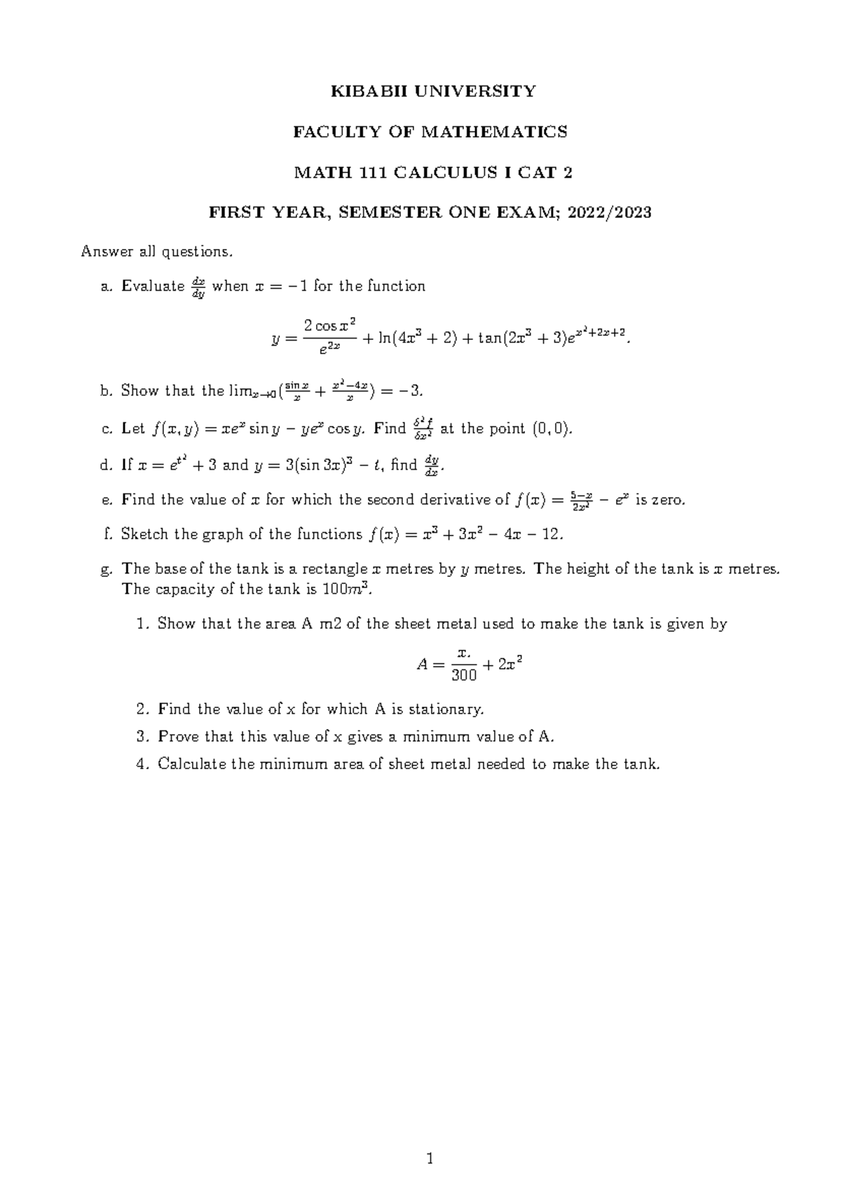 MATH 111 Calculus I CAT 2 - Revision Notes and Solutions - Studocu