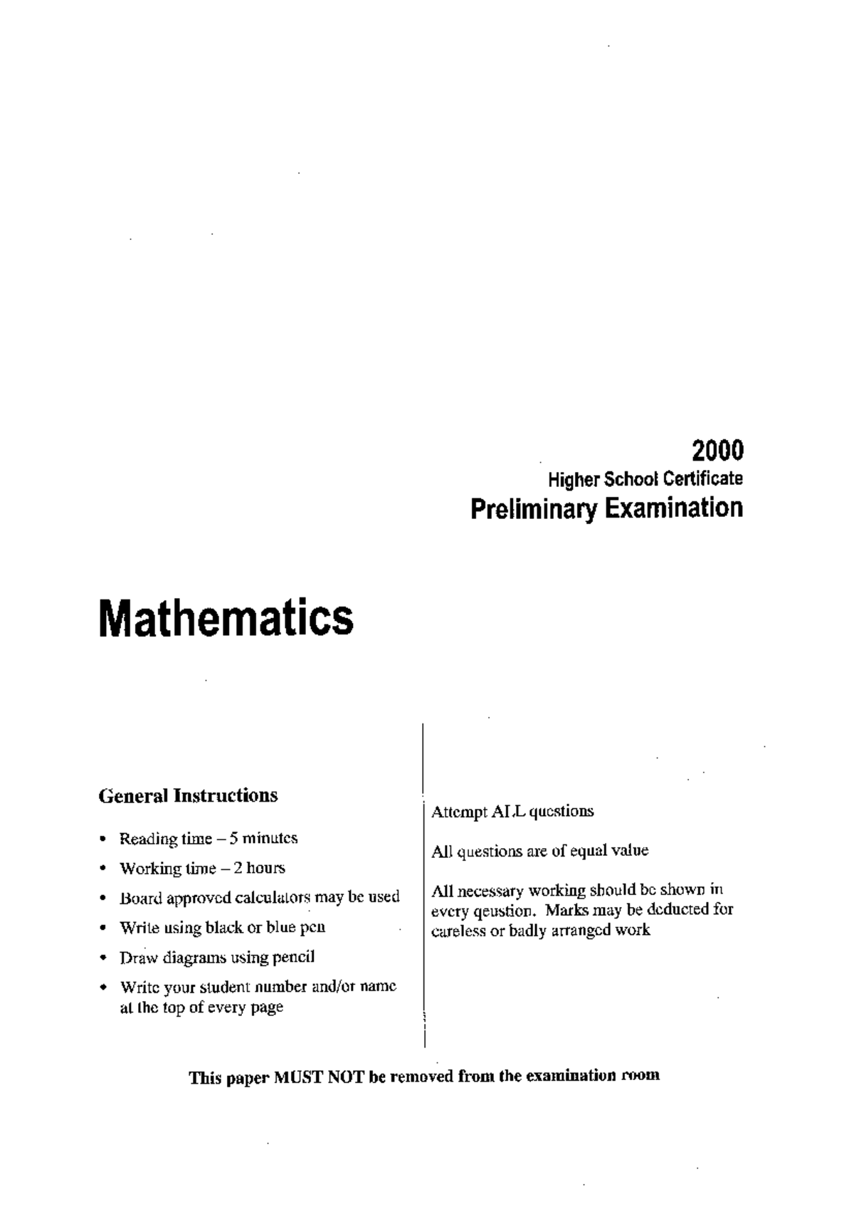 Maths 2u q Prelim 2000 - Practie Exam - Higher School Certificate ...