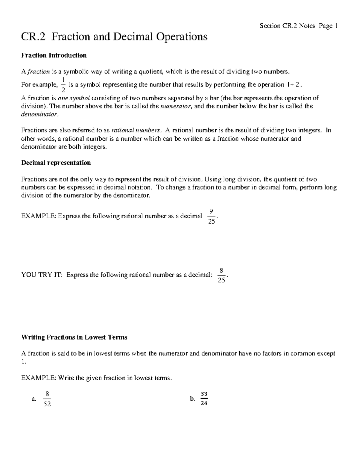 CR.2 Guided Notes: Operations with Fractions & Decimals for MATH 126E ...