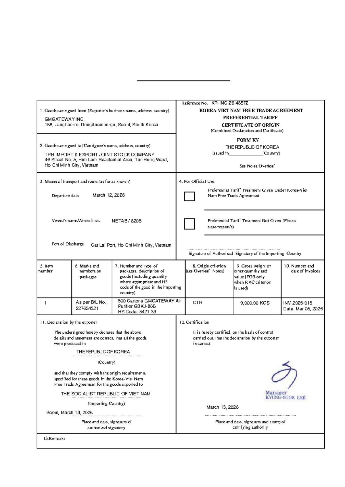 KVFTA Certificate of Origin for Goods Exported to Vietnam - Studocu