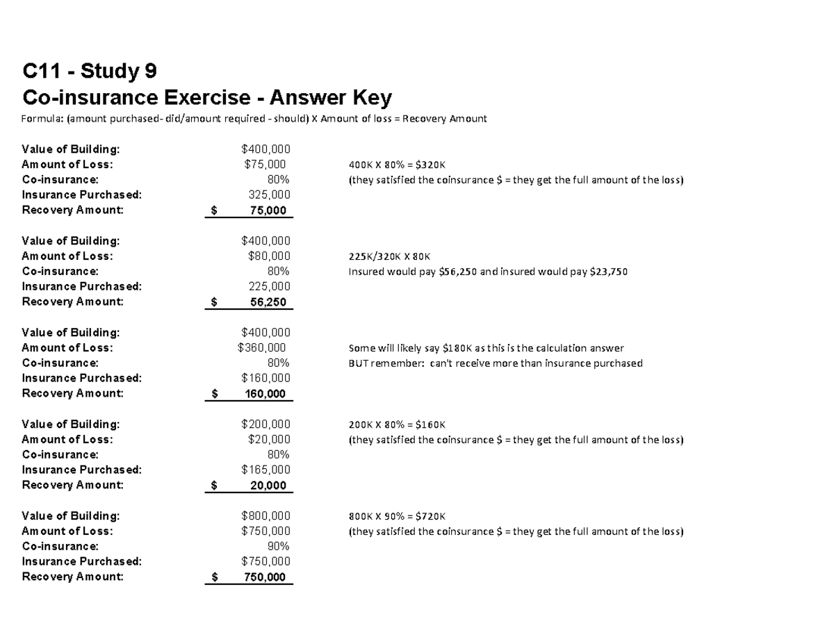 C11 Coinsurance Exercise Answer Key for Study Chapter 9 - Studocu