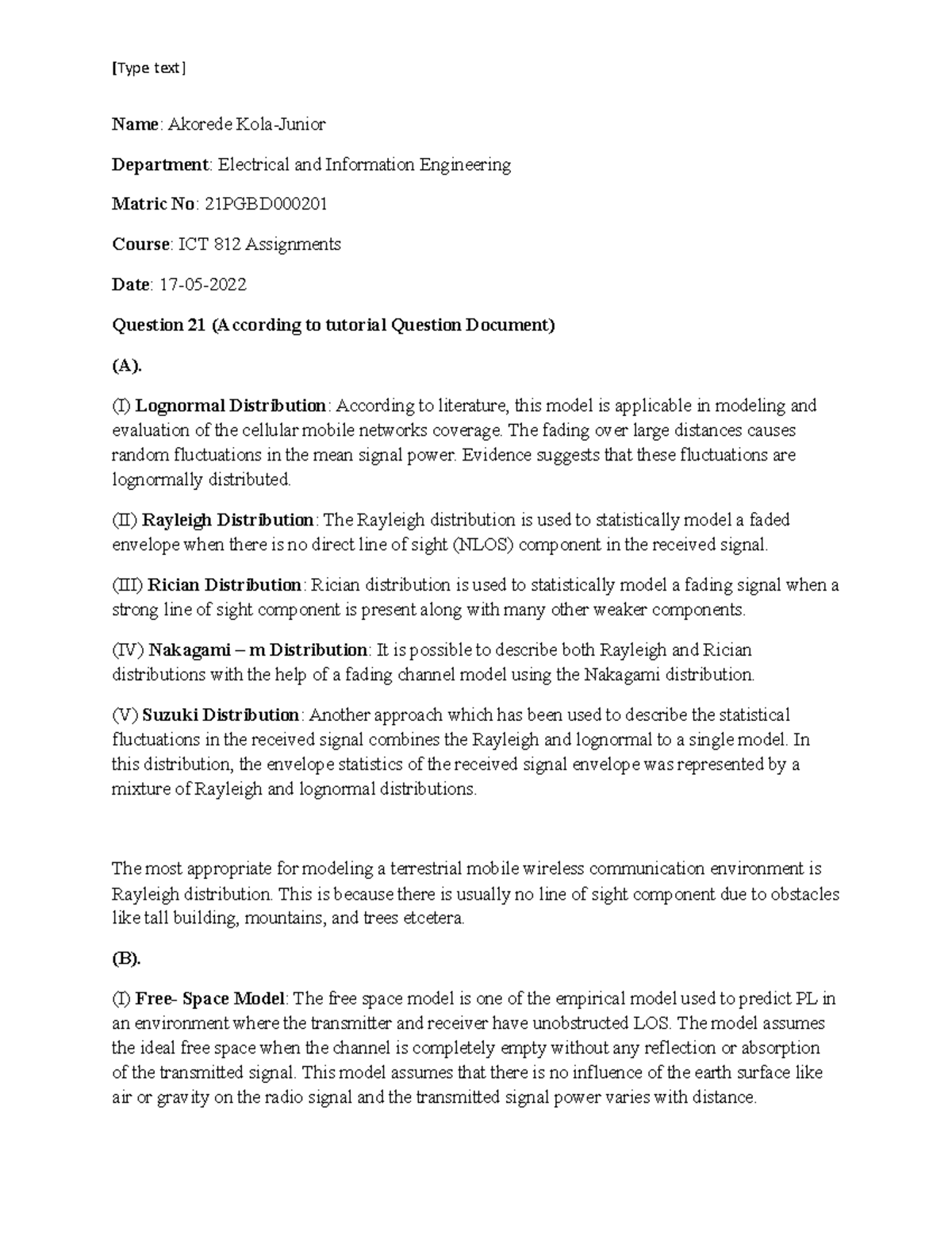 ICT 812 Assignment on Wireless Communication Models and Performance ...