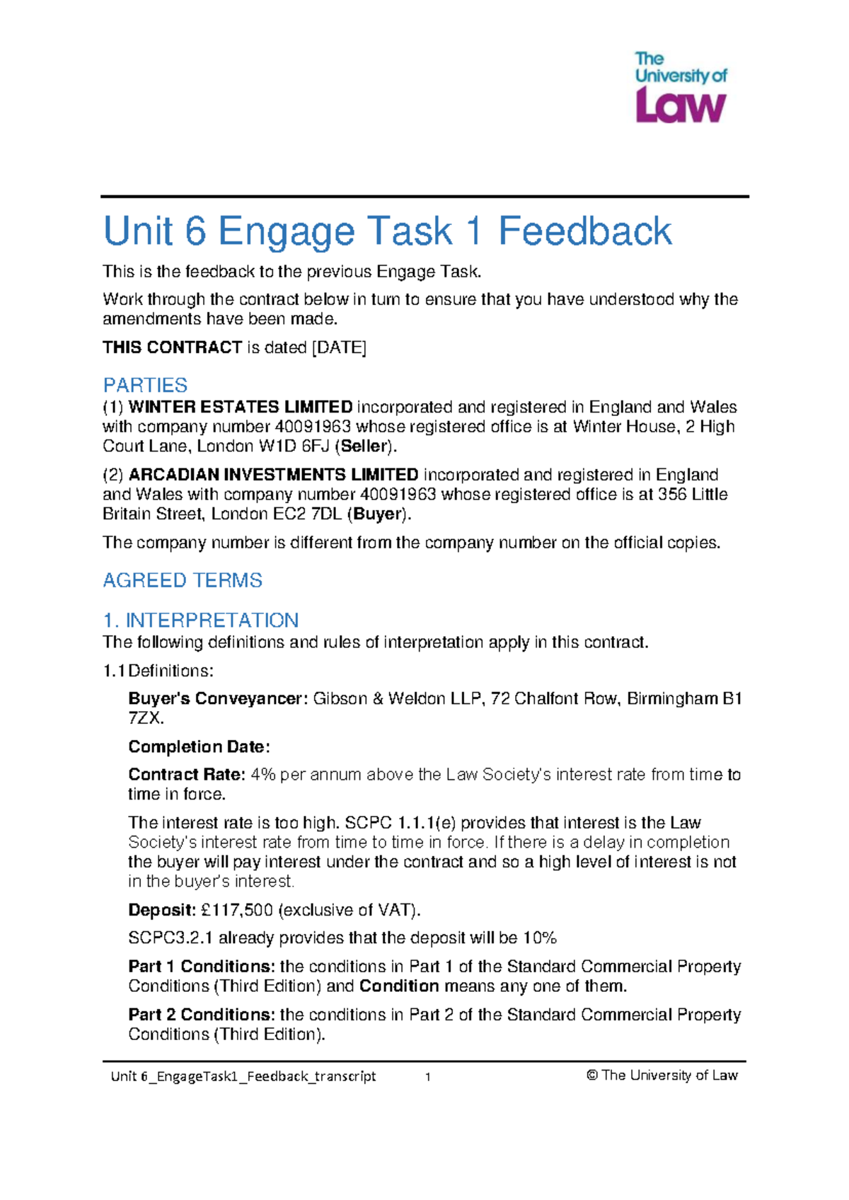 Unit 6 Engage Task 1 Feedback and Contract Analysis - Studocu