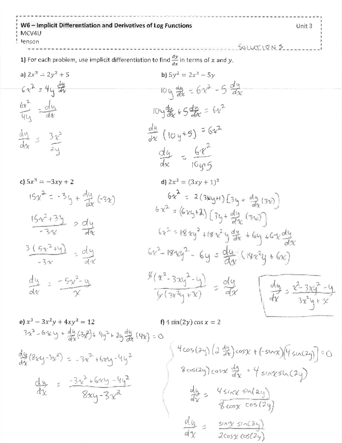W6 - Implicit Differentiation & Log Derivatives Solutions MCV4U - Studocu