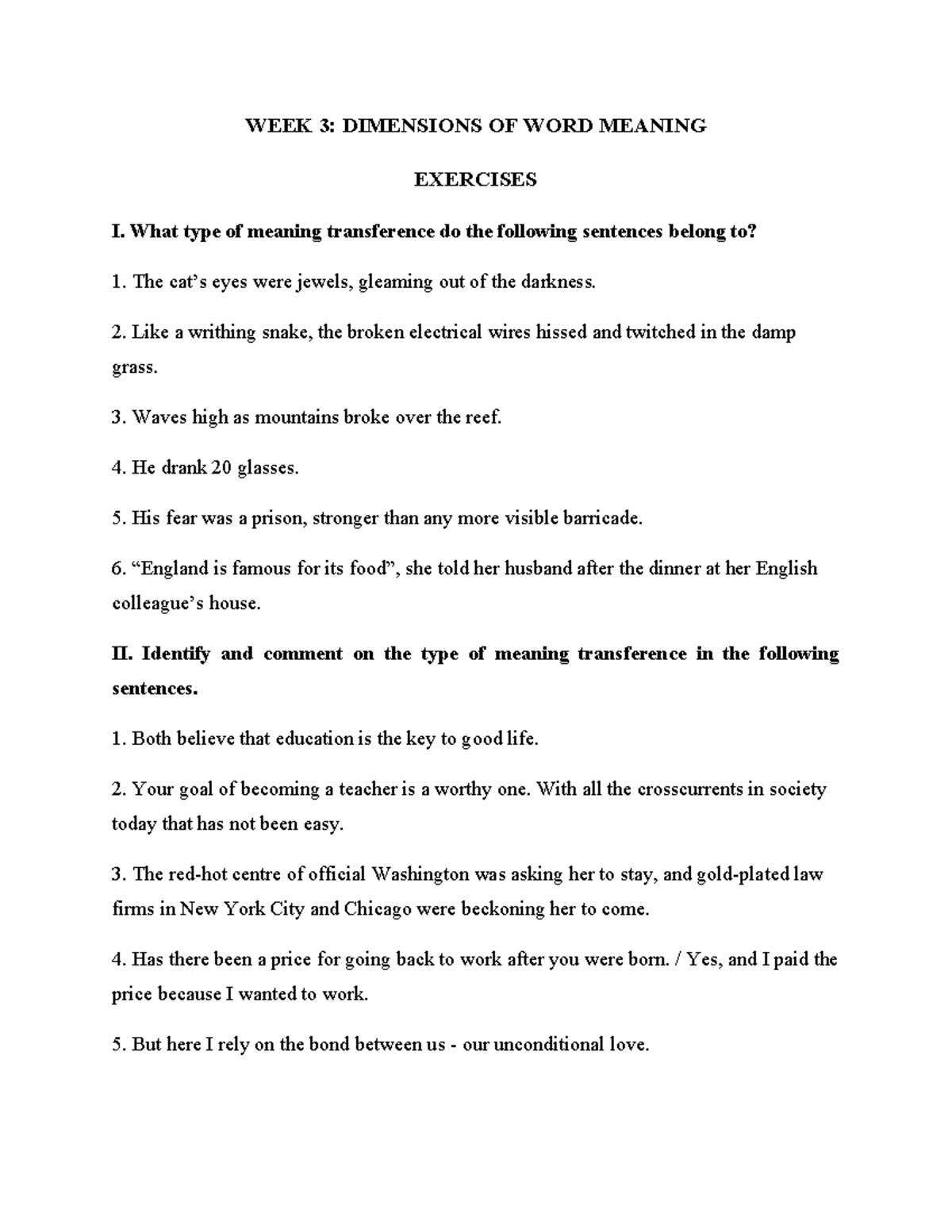 WEEK 3: SEMANTICS - MEANING TRANSFERENCE EXERCISES - Studocu