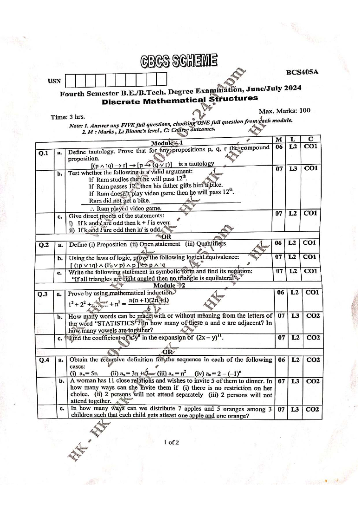Discrete Mathematical Structures (BCS405A) Model Question Paper Set 2 ...