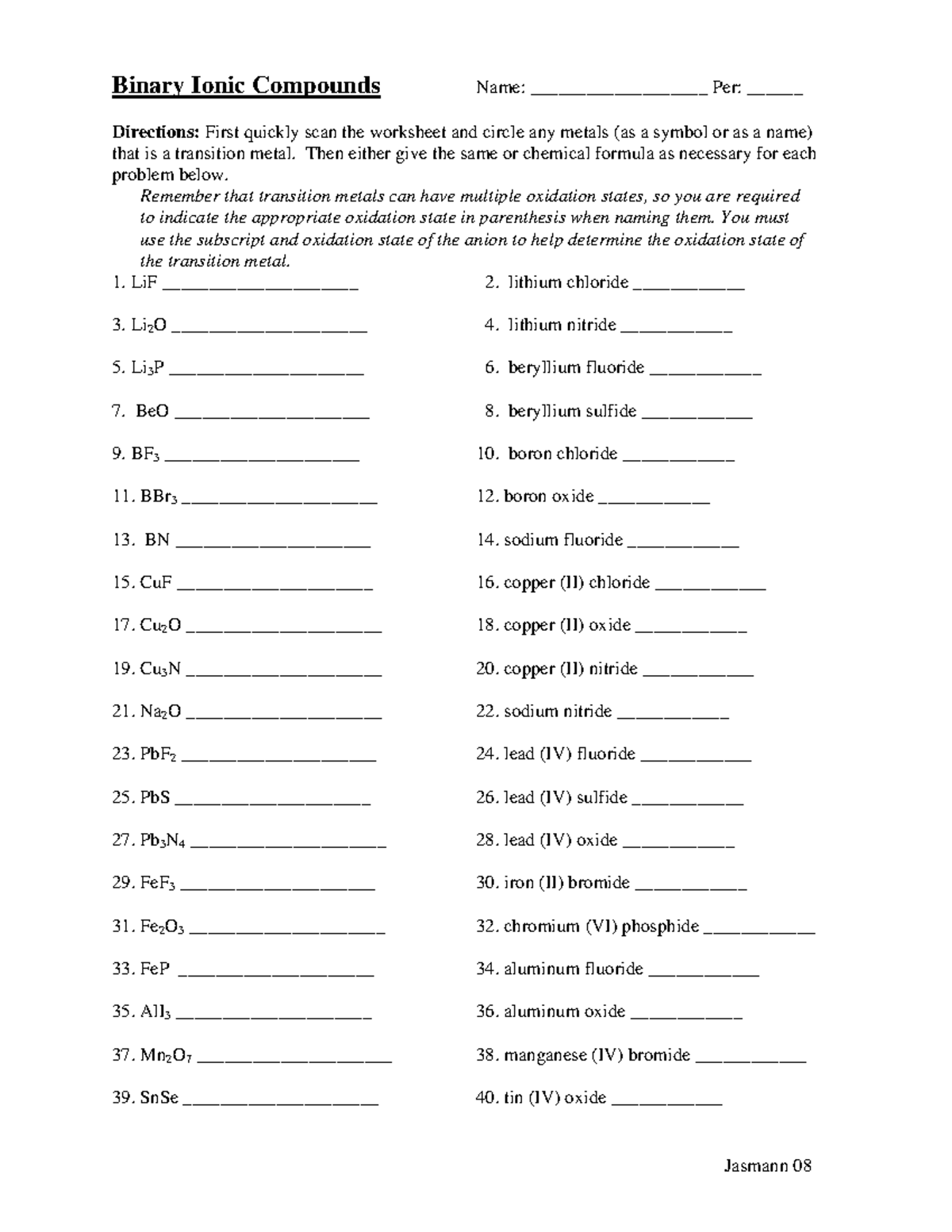 Ionic Compounds Worksheet: Transition Metals & Oxidation States - Studocu
