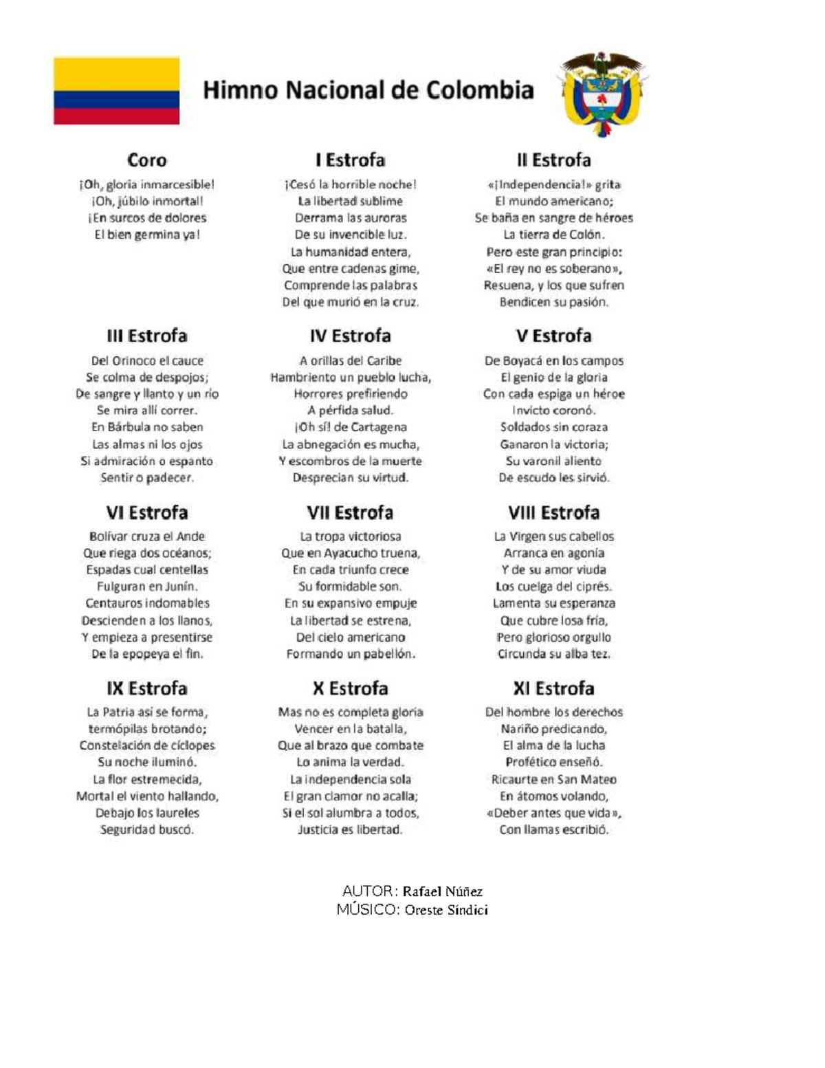 Himno Nacional de Colombia: Análisis de Estrofas y Coro - Studocu