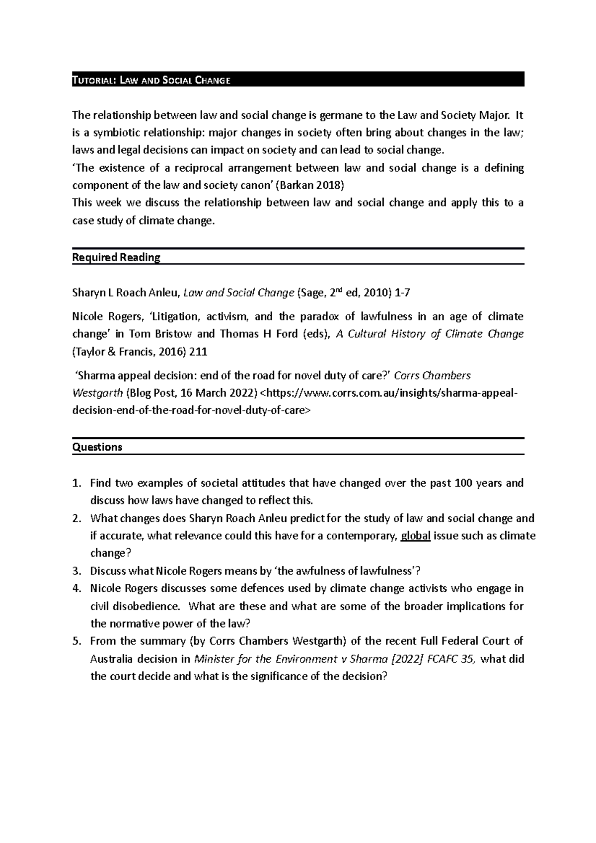Week 5 Tutorial. Law and Social Change - TUTORIAL: LAW AND SOCIAL ...