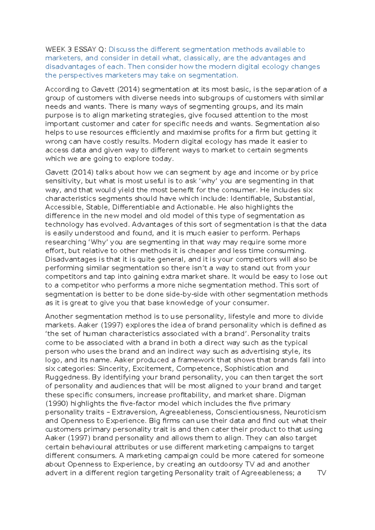 WEEK 3 Essay Marketing - hi this is quite good stuff - WEEK 3 ESSAY Q ...